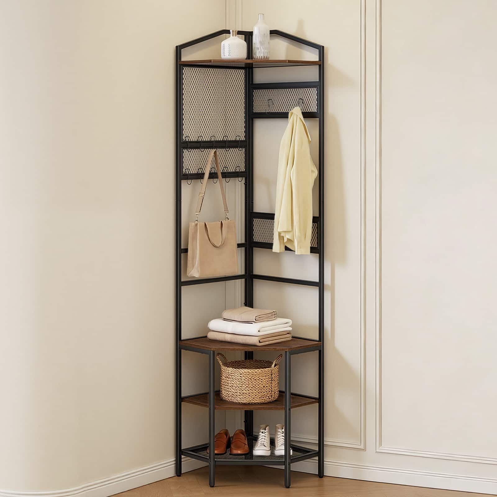 VEVOR - Corner Hall Tree, 71.3 in Coat Rack with Hooks, Top Shelf & Steel Frame, Freestanding Clothes Shoes Rack Storage - Brown