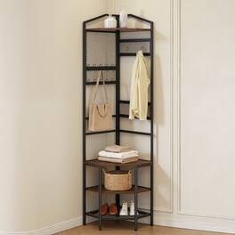 VEVOR - Corner Hall Tree, 71.3 in Coat Rack with Hooks, Top Shelf & Steel Frame, Freestanding Clothes Shoes Rack Storage - Brown