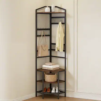 Front. VEVOR - Corner Hall Tree, 71.3 in Coat Rack with Hooks, Top Shelf & Steel Frame, Freestanding Clothes Shoes Rack Storage - Brown.