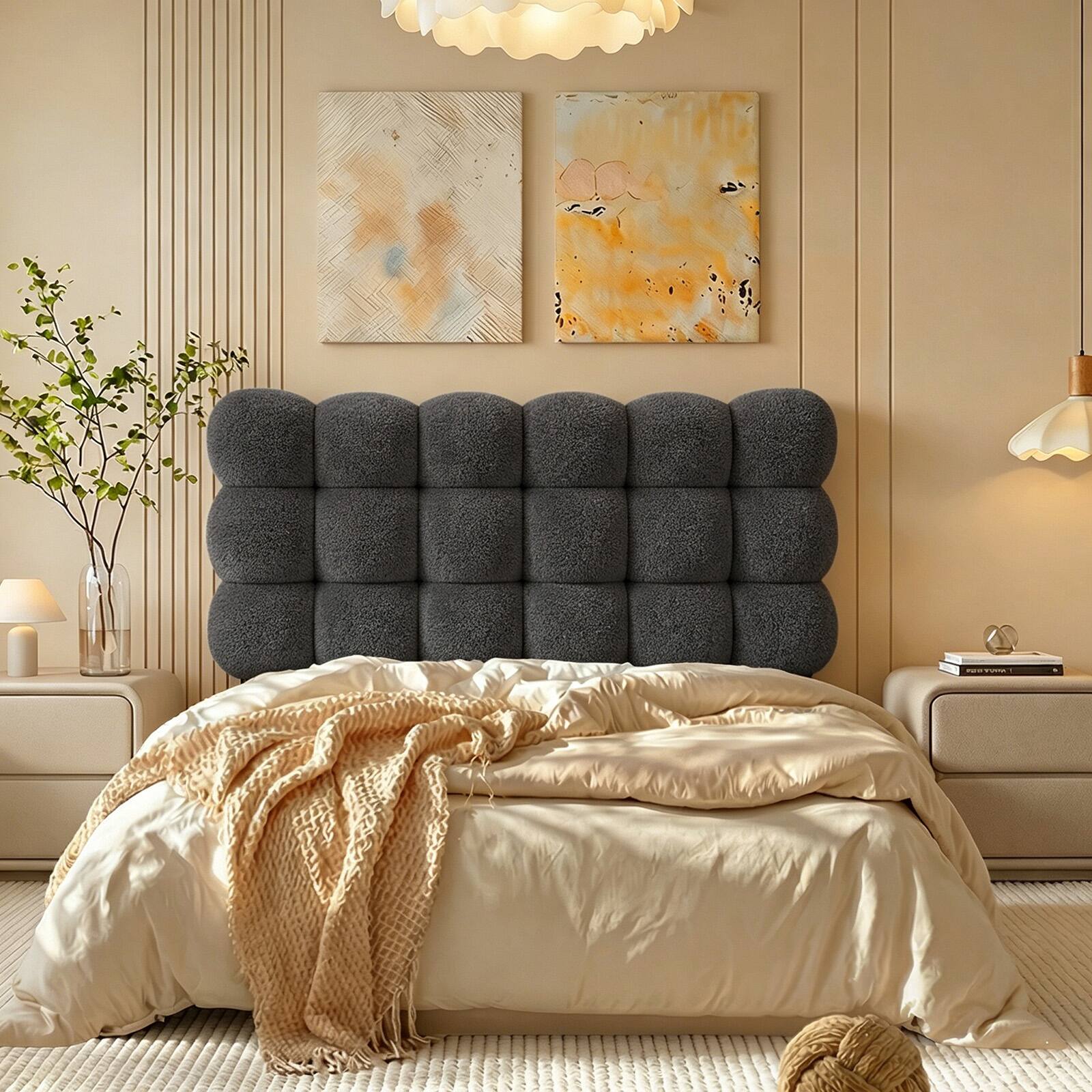 Left. Pinmoco - Upholstered Headboard with Adjustable Height, Cloud-Like Comfort, No Damage on Walls - Gray.