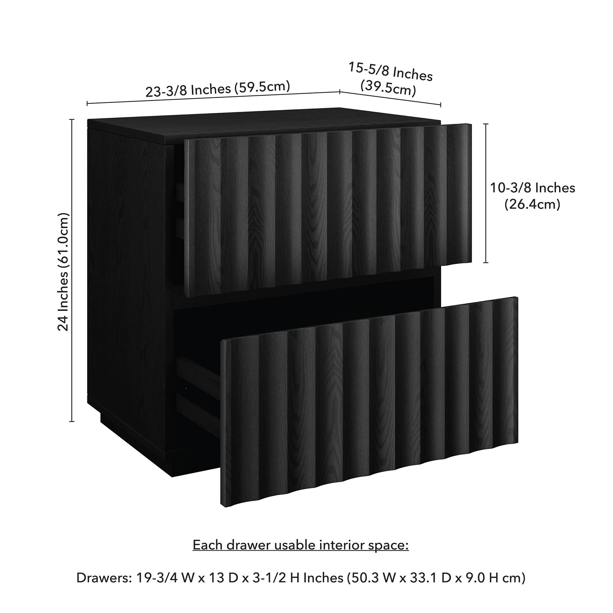 23-3/8 Inches (59.5cm)  
15-5/8 Inches (39.5cm)  
24 Inches (61.0cm)  
10-3/8 Inches (26.4cm)  

Each drawer usable interior space:  
Drawers: 19-3/4 W x 13 D x 3-1/2 H Inches (50.3 W x 33.1 D x 9.0 H cm)