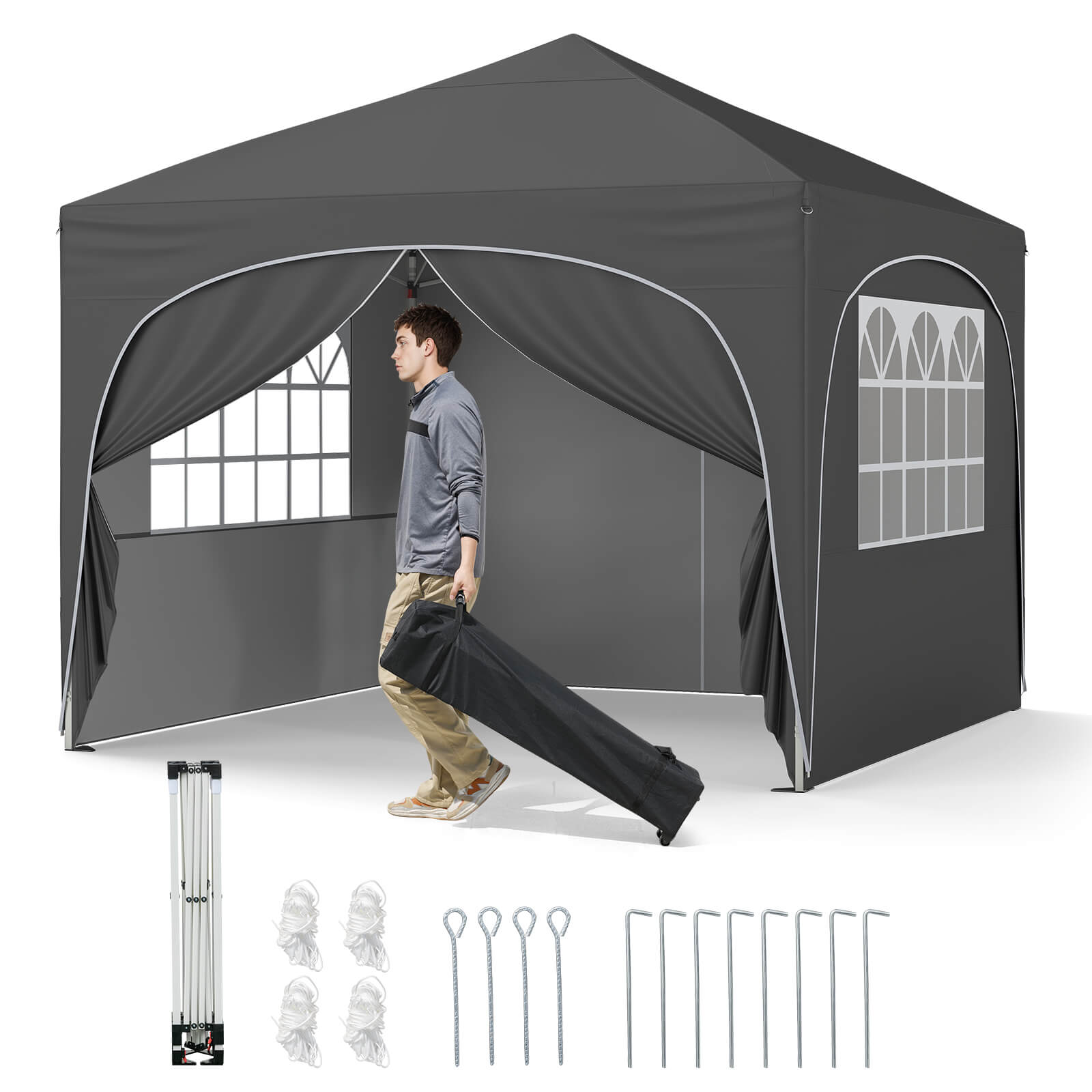 Alt View 1. Costway - Costway 10 X 10 FT Pop up Canopy Tent whth 1 Sidewall Wheeled Bag 4 Sandbags 4 Ropes, Gray - Gray.