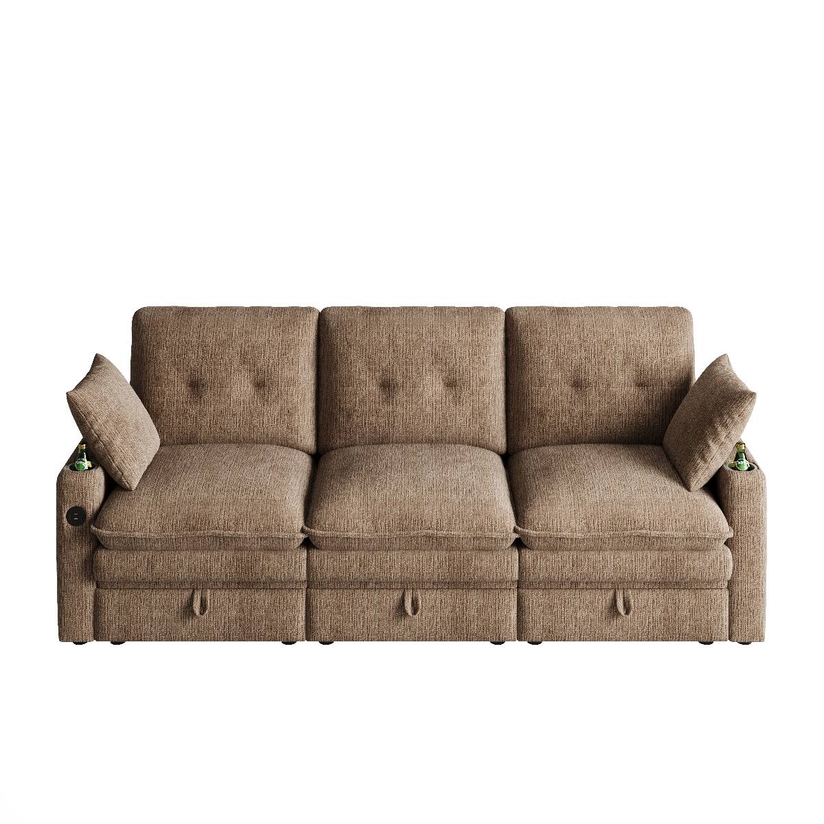 Alt View 10. Ropilly - Ropilly 89 Inch 3 Seater Sofa, Chenille Cloud Sofa with Storage Sofa with USB Ports, Coffee - Coffee.