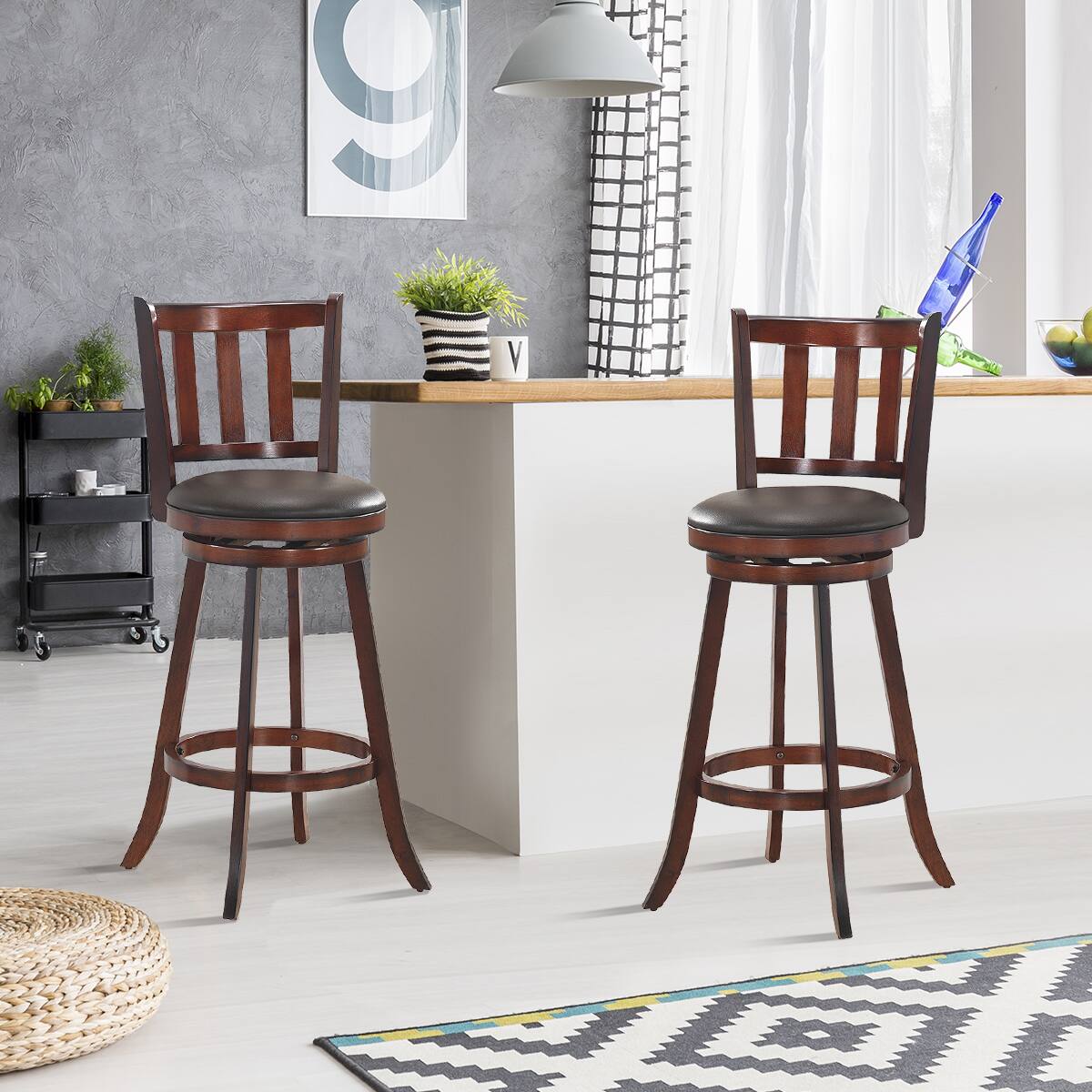 Alt View 4. Costway - Costway Set of 2 29.5" Swivel Bar stool Leather Padded Dining Kitchen Pub Bistro Chair High Back - Nut-brown.