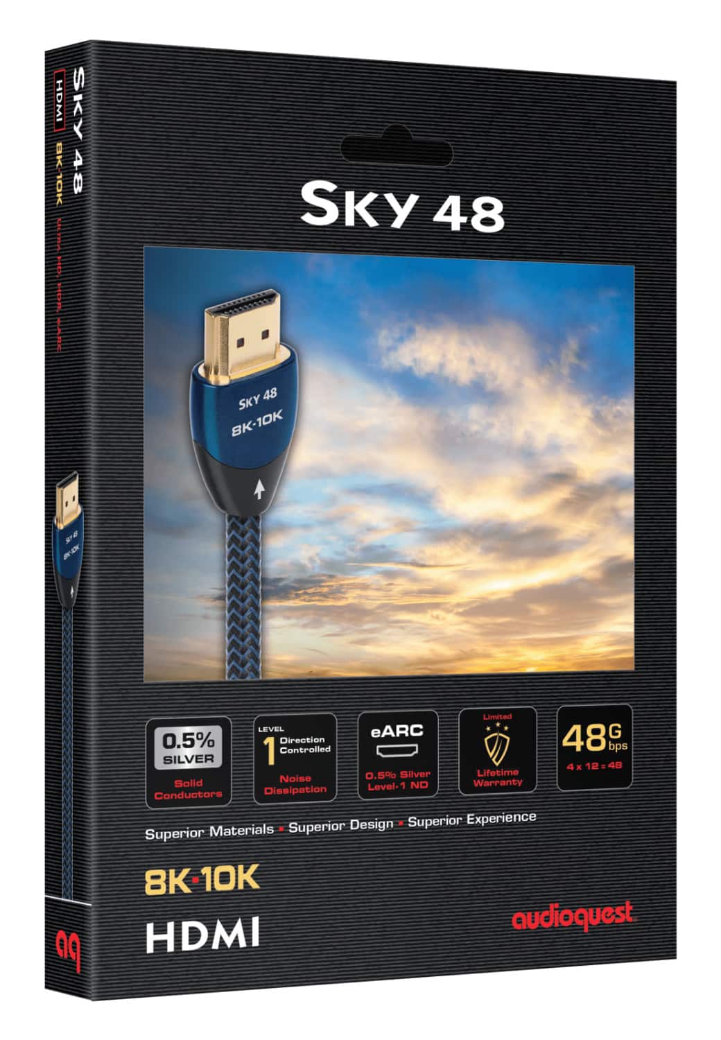 The text on the image reads "HDMI BJK 10K 48G bps 0.5% 1 Direction Controlled 48G bps SILVER 4 x 12 - 40 0.5% Silver Lifetime Solid Noise Warranty Level-1 ND Conductors Dissipation Superior Design . Superior Experience Superior Materials 8K-10K HDMI audioquest."