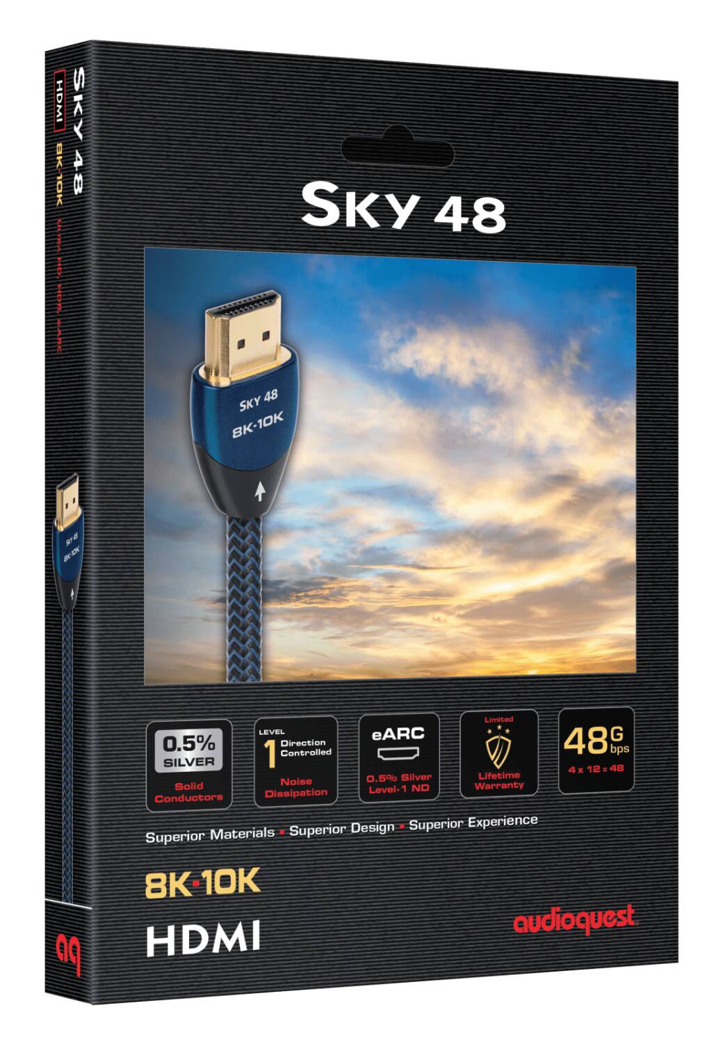 The text on the image reads "HDMI BJK 10K 48G bps 0.5% 1 Direction Controlled 48G bps SILVER 4 x 12 - 40 0.5% Silver Lifetime Solid Noise Warranty Level-1 ND Conductors Dissipation Superior Design . Superior Experience Superior Materials 8K-10K HDMI audioquest."