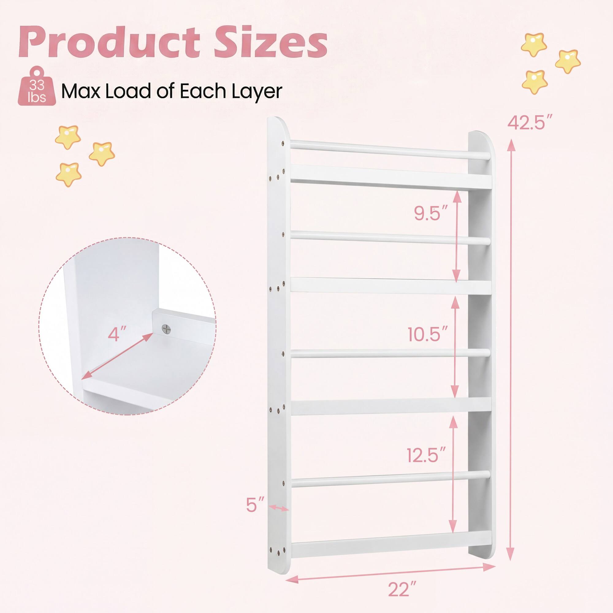 Product Sizes  
Max Load of Each Layer: 33 lbs  
Dimensions: 42.5" x 9.5" x 4" x 10.5" x 12.5" x 5" x 22"