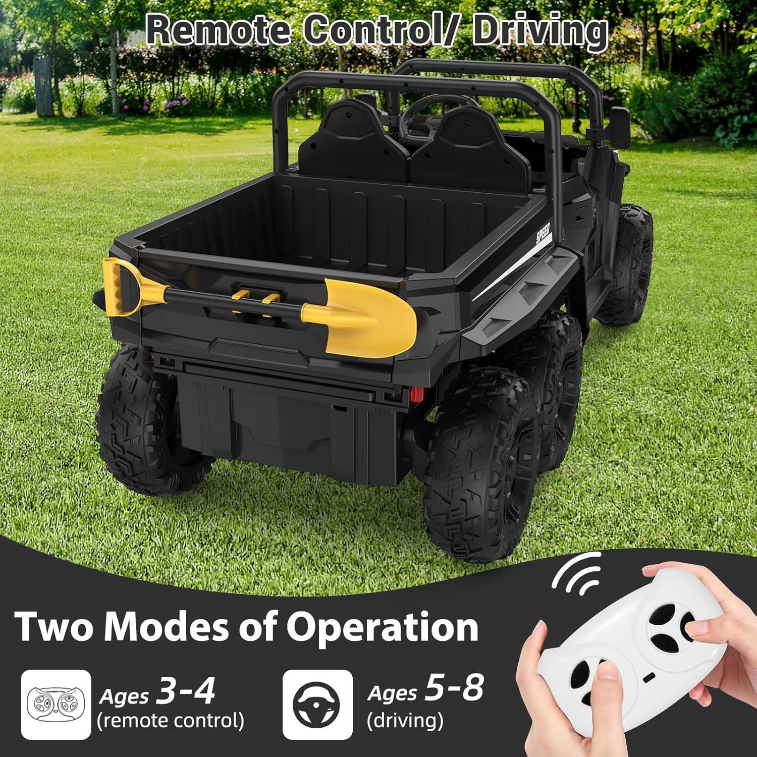 Remote Control/ Driving

Two Modes of Operation

Ages 3-4 (remote control)

Ages 5-8 (driving)