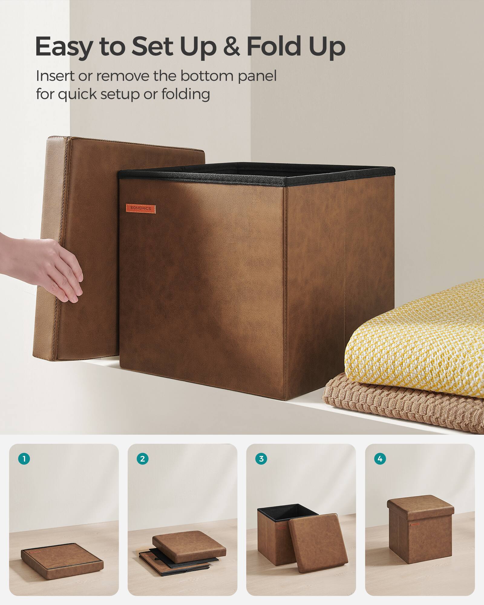 Easy to Set Up & Fold Up

Insert or remove the bottom panel for quick setup or folding

1. 2. 3. 4.