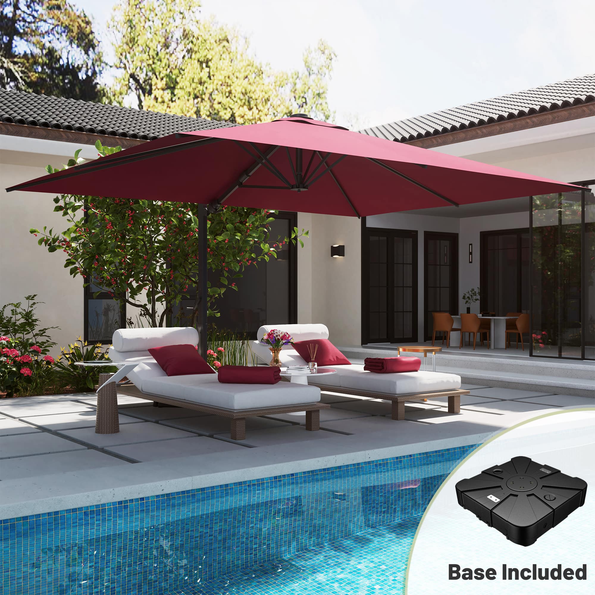 Mondawe - 10*13ft Large Patio Cantilever Umbrella Square with Bluetooth Speaker and Base - Red