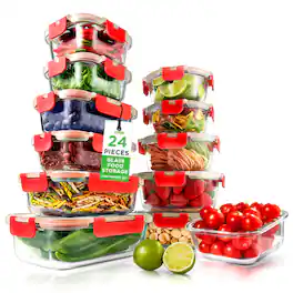 NutriChef - 24-Piece Glass Food Storage Containers with Lids, Airtight, for Meal Prep, Kitchen Storage (NCGLRED)