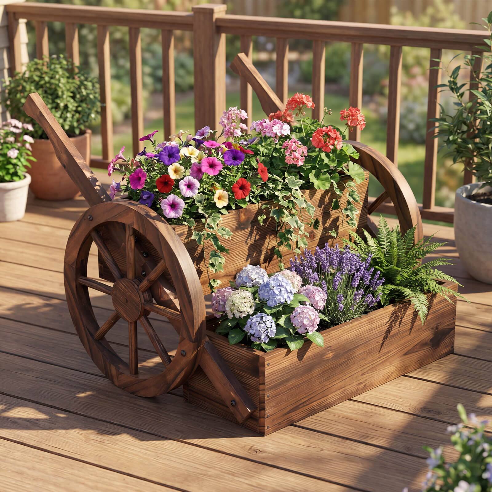 Alt View 3. Costway - Costway 1 PCS Rustic Wood Wagon Planter2-Tier with Wheels Handles&Drainage for Patio Balcony - Carbonized Brown.
