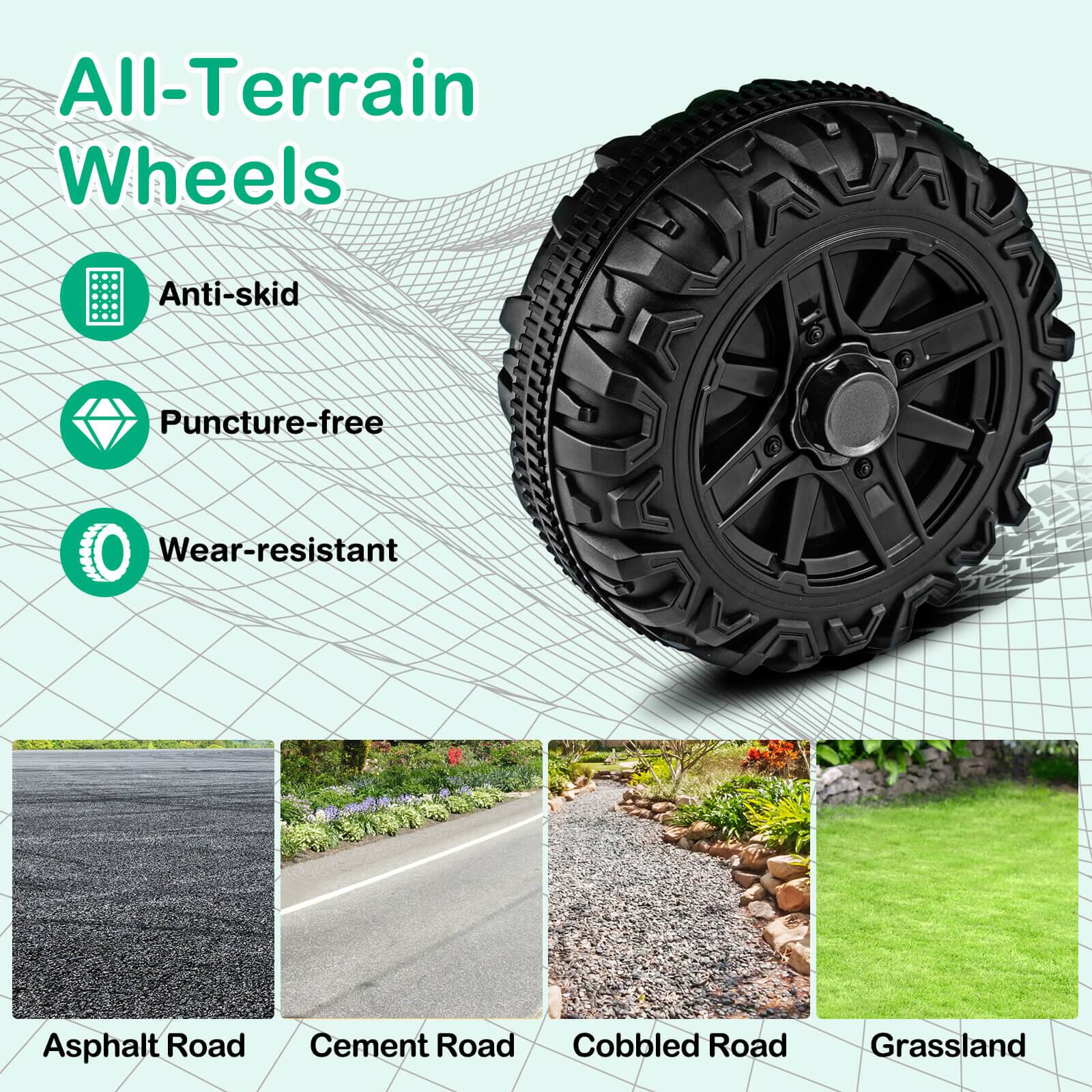 All-Terrain Wheels

- Anti-skid
- Puncture-free
- Wear-resistant

Asphalt Road  
Cement Road  
Cobbled Road  
Grassland