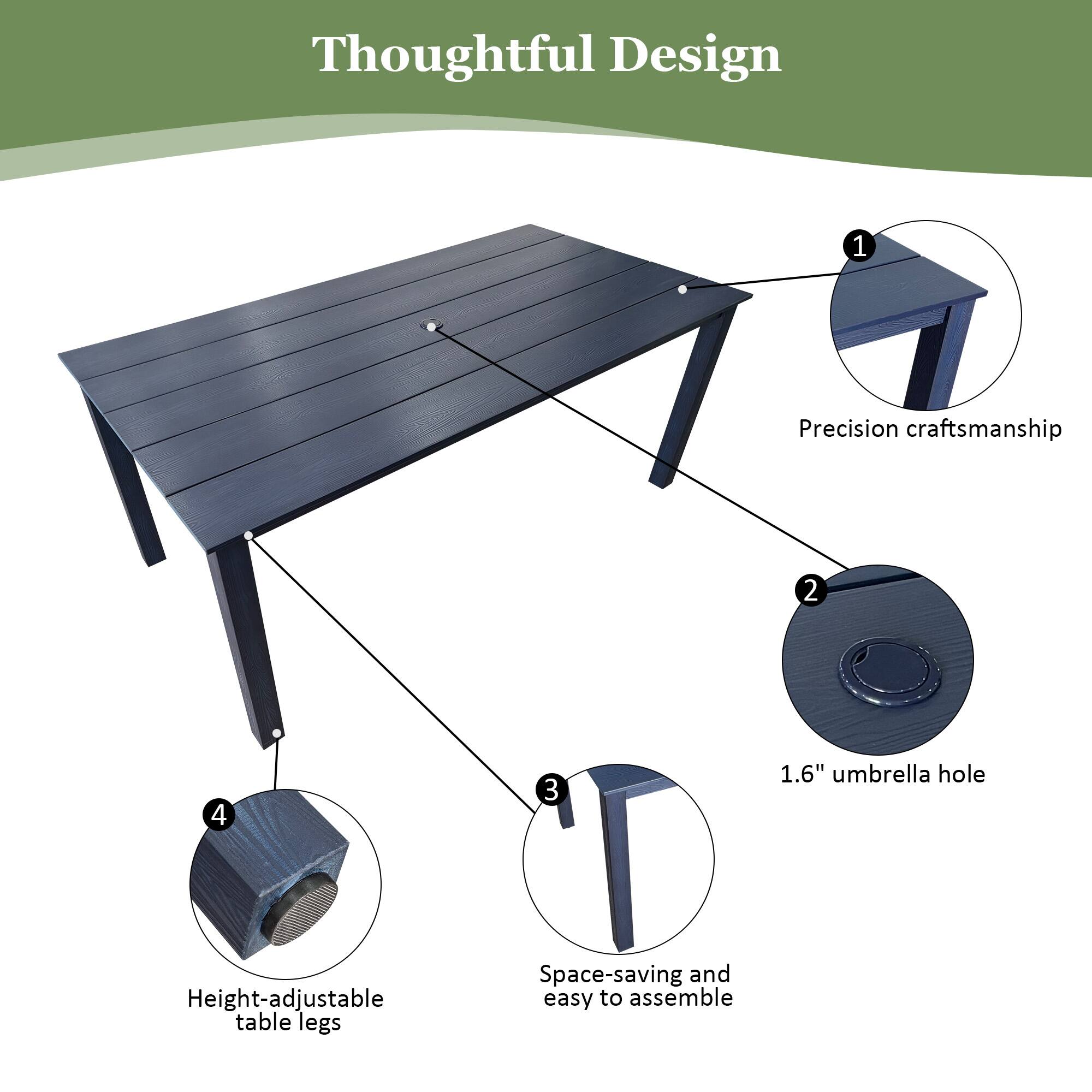 Thoughtful Design

1. Precision craftsmanship
2. 1.6" umbrella hole
3. Space-saving and easy to assemble
4. Height-adjustable table legs