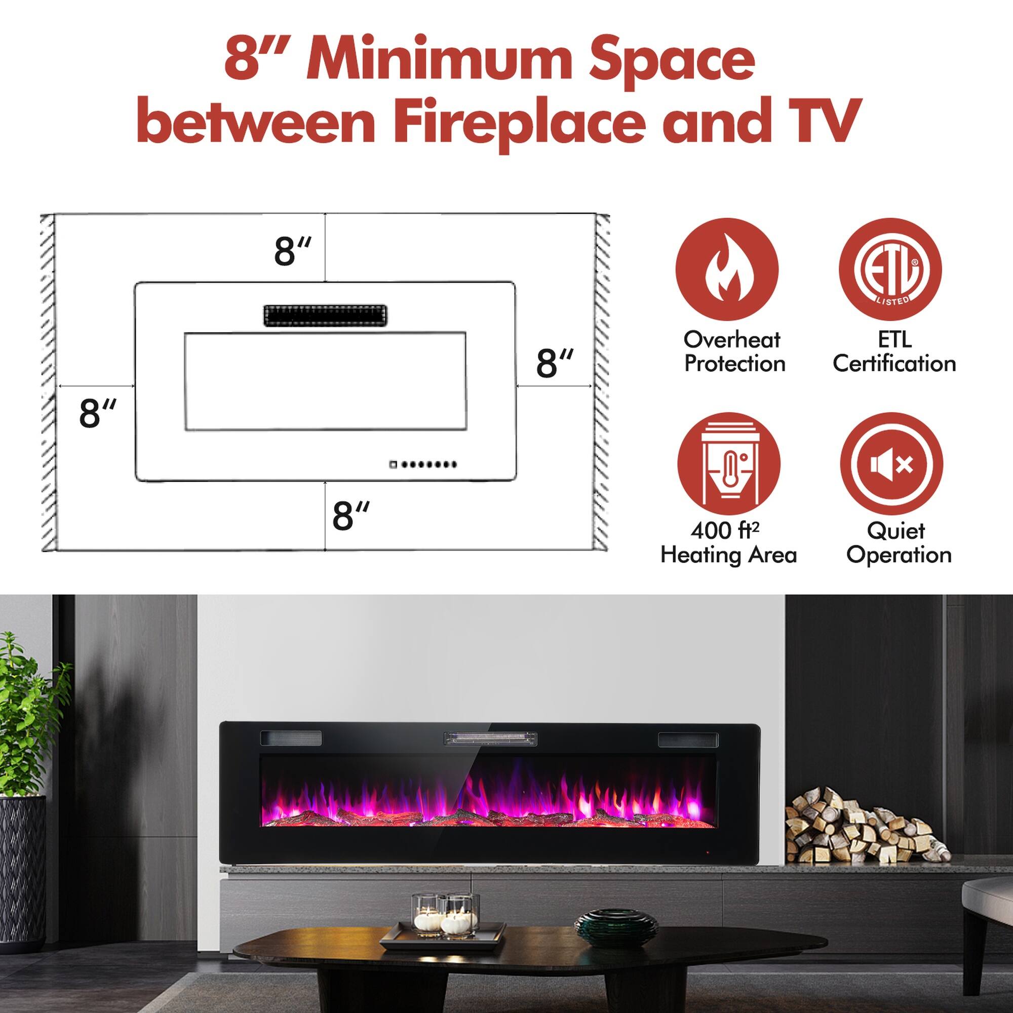 8" Minimum Space between Fireplace and TV

8"
8"
8"
8"

EAB LISTED Overheat ETL Protection Certification

400 ft² Heating Area
Quiet Operation