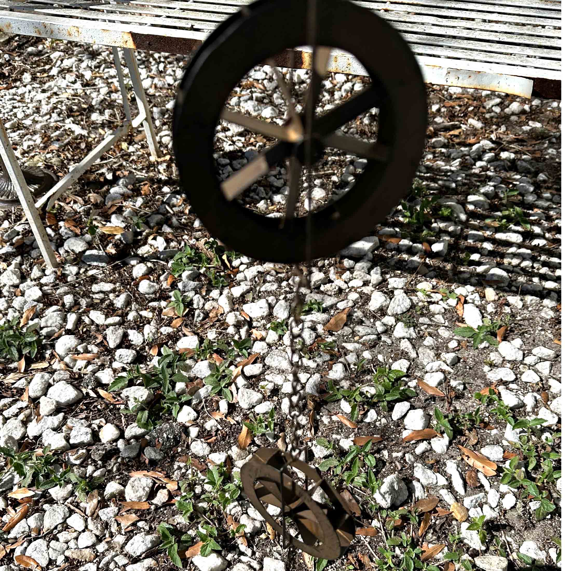 Alt View 7. Things2Die4 - 78-Inch Metal Rain Chain - 6 Water Wheels & Weighted Bell, Rustic Brown Finish - Brown.