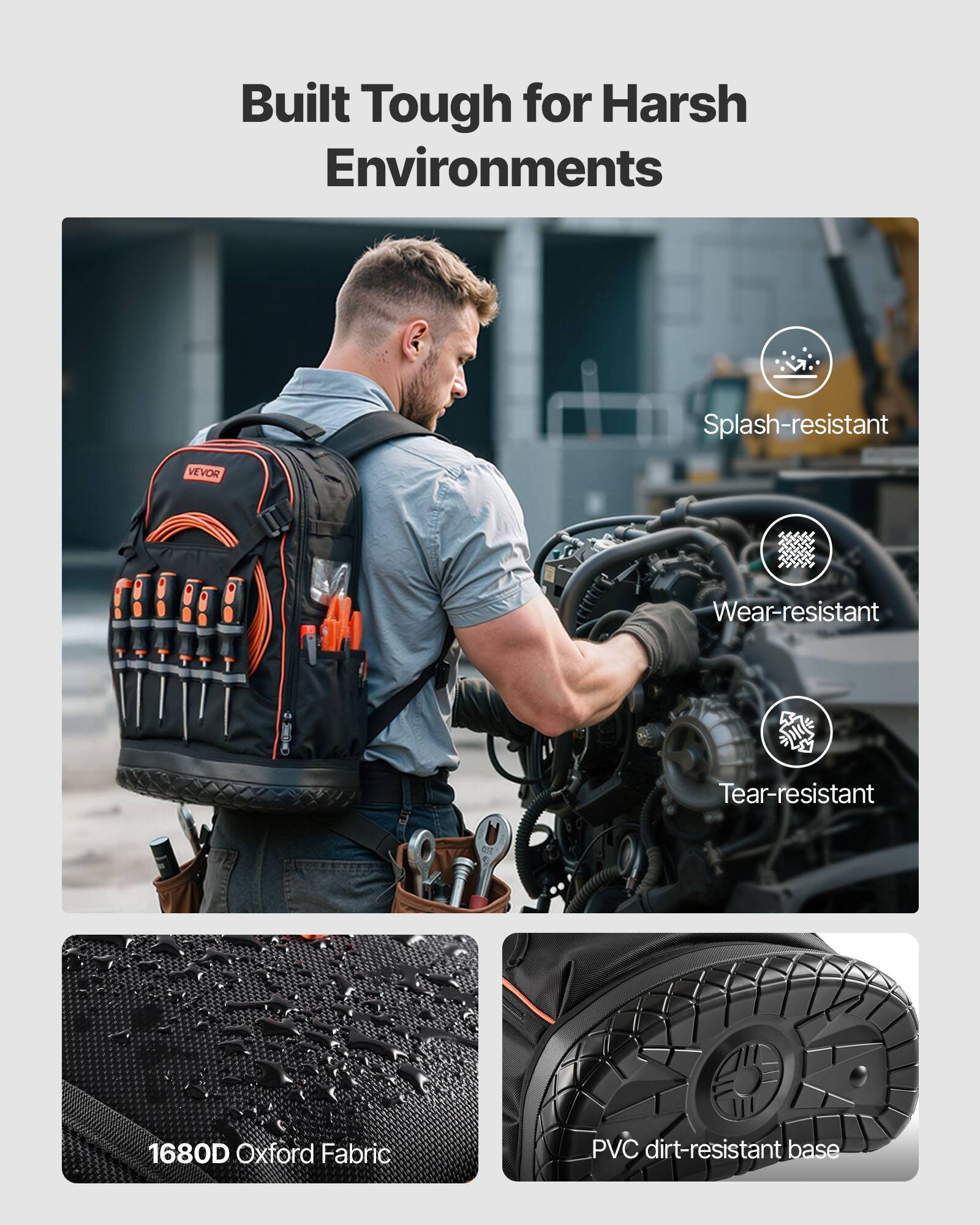 Built Tough for Harsh Environments

- Splash-resistant
- Wear-resistant
- Tear-resistant
- 1680D Oxford Fabric
- PVC dirt-resistant base