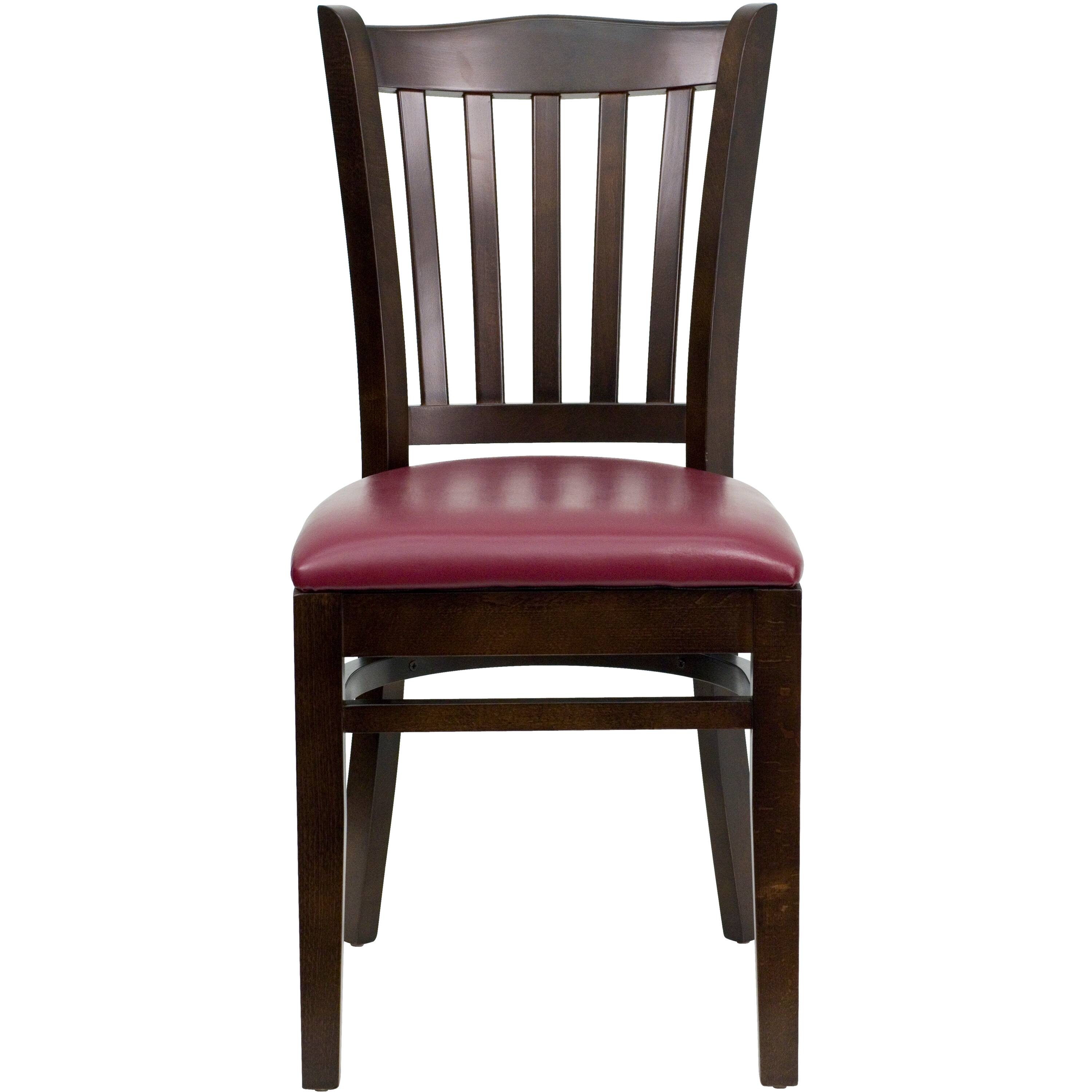 Alt View 5. Emma + Oliver - Vertical Slat Back Wooden Restaurant Dining Chair - Burgundy Vinyl Seat/Walnut Wood Frame.