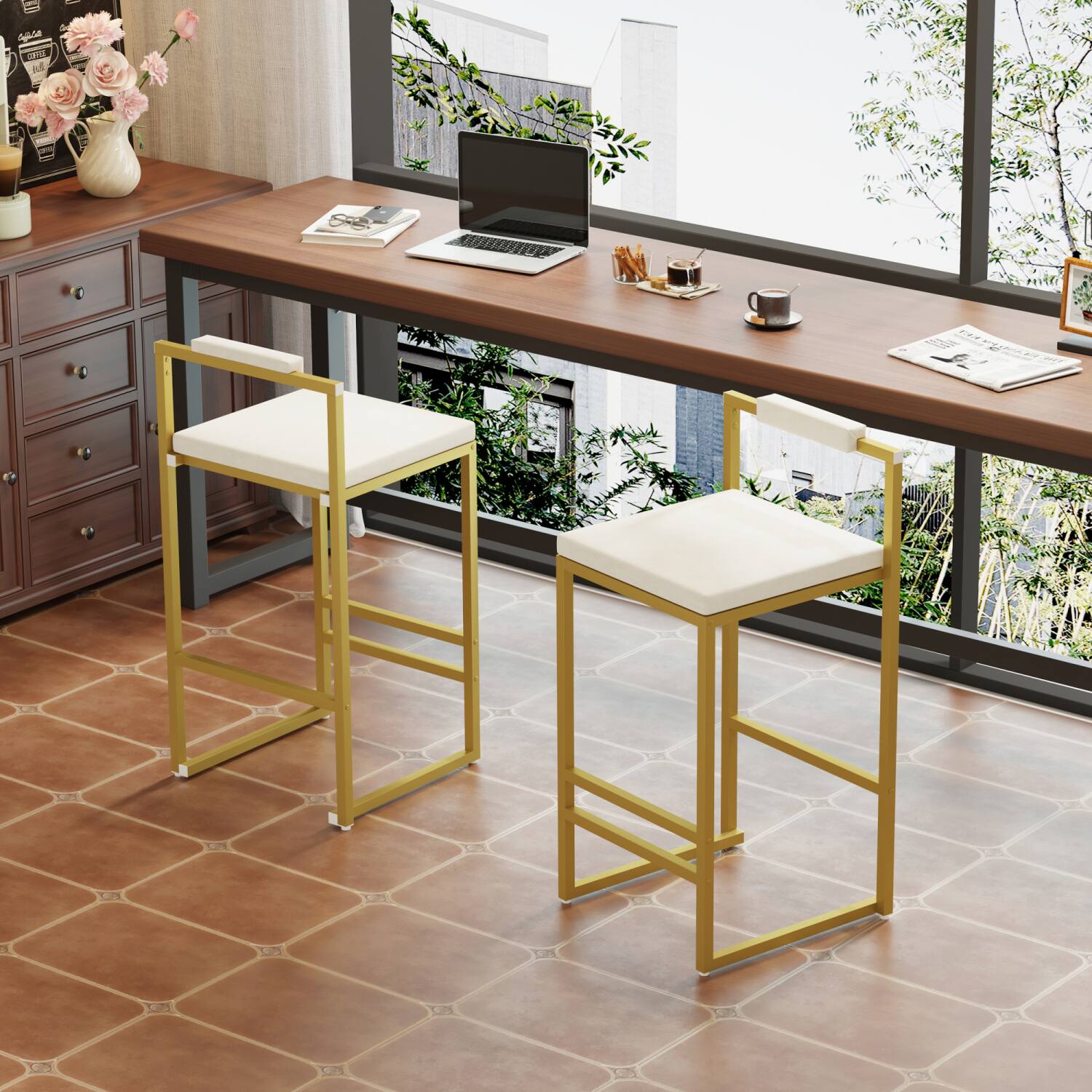 Alt View 3. HTUTWOO - Upholstered Velvet Bar Stools Set of 2, Modern Counter Height Chairs with Creamy White Seat and Gold Metal Legs - Gold.