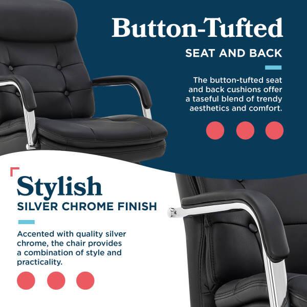Button-Tufted SEAT AND BACK

The button-tufted seat and back cushions offer a tasteful blend of trendy aesthetics and comfort.

Stylish SILVER CHROME FINISH

Accented with quality silver chrome, the chair provides a combination of style and practicality.