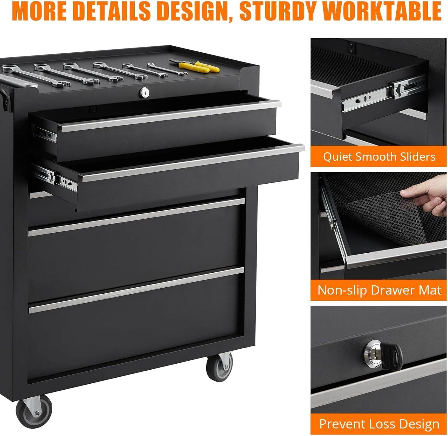 MORE DETAILS DESIGN, STURDY WORKTABLE

- Quiet Smooth Sliders
- Non-slip Drawer Mat
- Prevent Loss Design