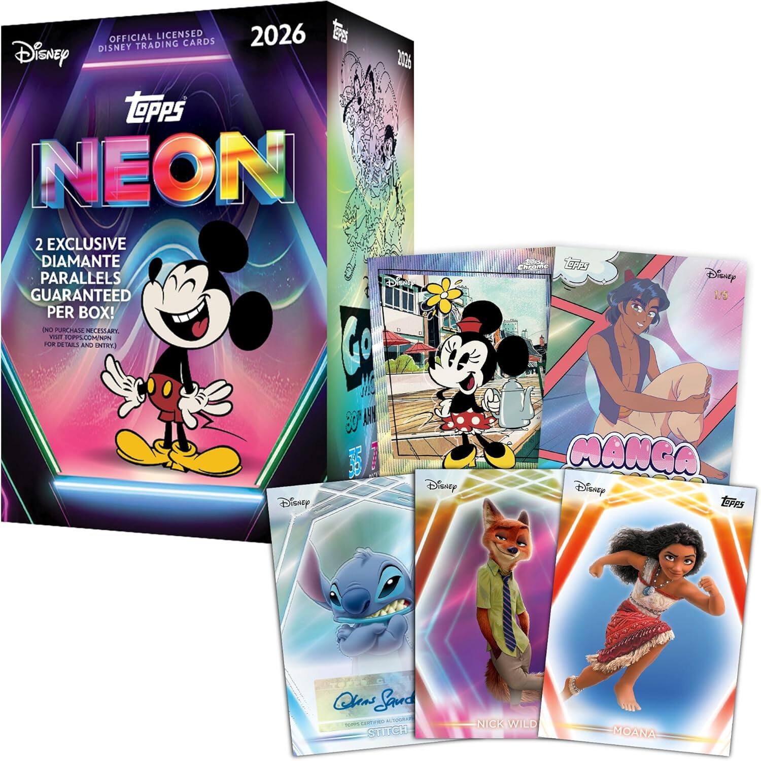 OFFICIAL LICENSED 2026 DISNEY TRADING CARDS  
Topps NEON  
2 EXCLUSIVE DIAMANTE PARALLELS GUARANTEED PER BOX!  
(NO PURCHASE NECESSARY. VISIT TOPPS.COM/NPNN FOR DETAILS AND ENTRY.)  

Disney  
Mickey Mouse  
Stitch  
Nick Wild  
Moana  

Disney Manga  
Manga  

Disney  
Stitch  
Nick Wild  
Moana  

Disney  
Stitch