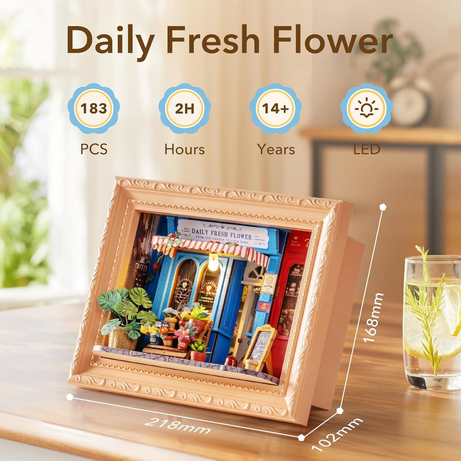 Daily Fresh Flower  
183 PCS  
2H  
14+ Years  
LED  

Dimensions:  
218mm x 168mm x 102mm