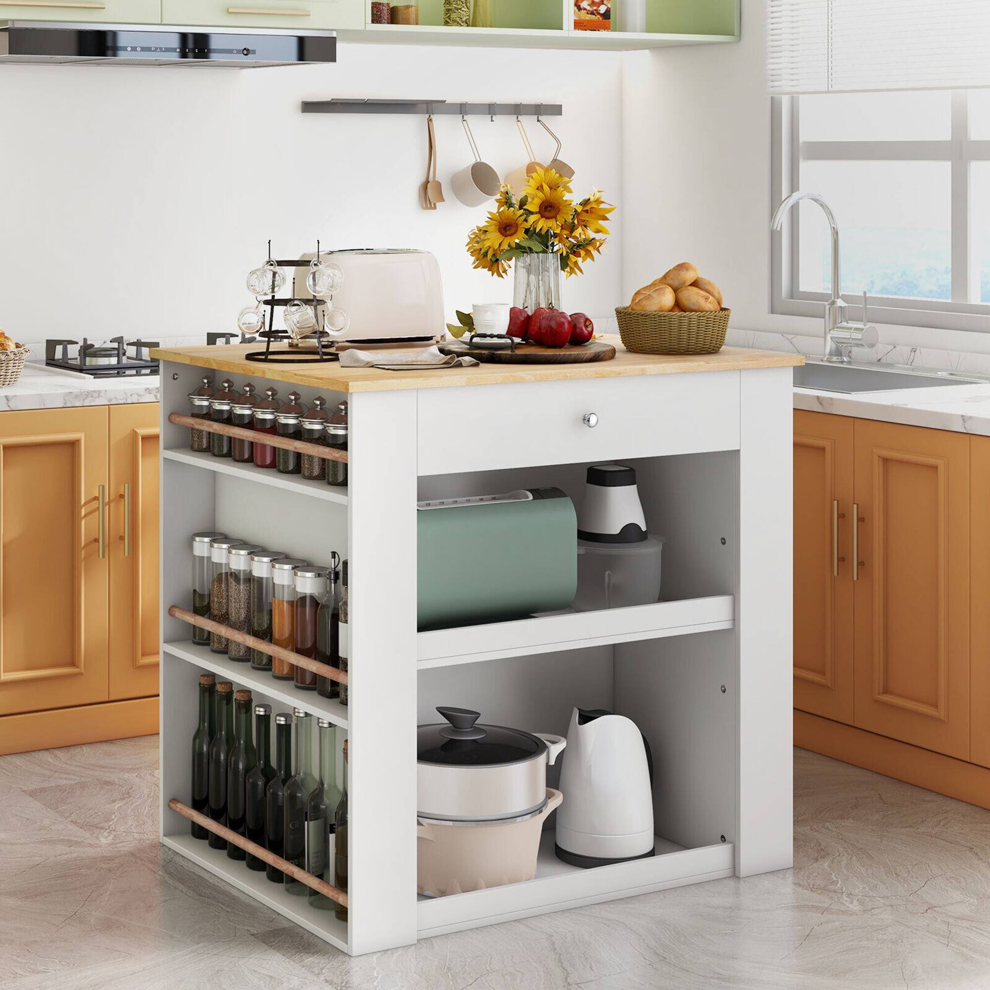 Alt View 2. Gymax - Gymax Kitchen Island w/Storage Rubber Wood Countertop 2-Door Cabinet Drawer Sideboard - White & Natural.
