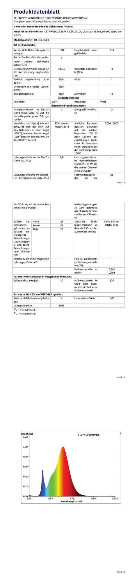 **Produktdatenblatt**

**DELEGIERTE VERORDNUNG (EU) 2019/2015 DER KOMMISSION zur Änderung der Verordnung (EU) 2016/301 über die Energieeffizienz von Leuchten**

**Name oder Handelsname des Lebensmittels:**  
LED-PUCK

**Anschreiben des Lebensmittels:**  
CET PRODUCT SERVICE S.P.R.L., Diga 330, 95-100 Zaventem, Belgien

**Modellnummer:**  
TD-CLD-PUCK

**Art der Lichtquelle:**  
LED

**Verwendete Beleuchtungstechnik:**  
LED

**Art des Sockels der Lichtquelle:**  
NMML

**Schichtstelle:**  
Ja

**Farbtemperatur der Lichtquelle:**  
3000 - 6000 K

**Bleistich:**  
Nein

**Bleistichschutz:**  
Ja

**Produktparameter:**  
- **Wattverbrauch:** 2 W
- **Leistungsaufnahme im