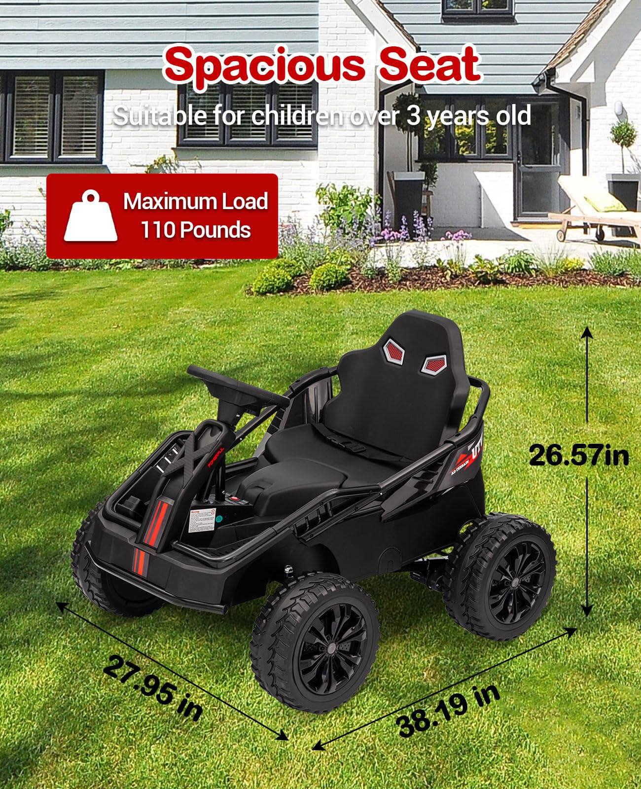 Spacious Seat  
Suitable for children over 3 years old  

Maximum Load 110 Pounds  

26.57 in  
27.95 in  
38.19 in
