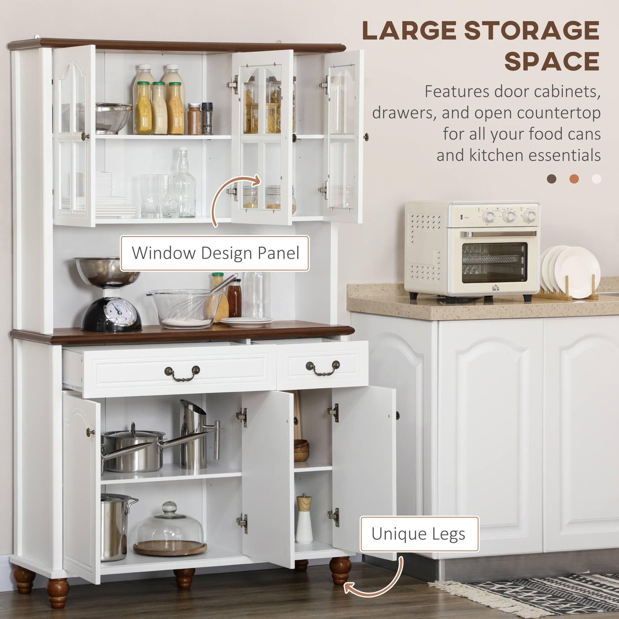 LARGE STORAGE SPACE
Features door cabinets, drawers, and open countertop for all your food cans and kitchen essentials
Window Design Panel
Unique Legs