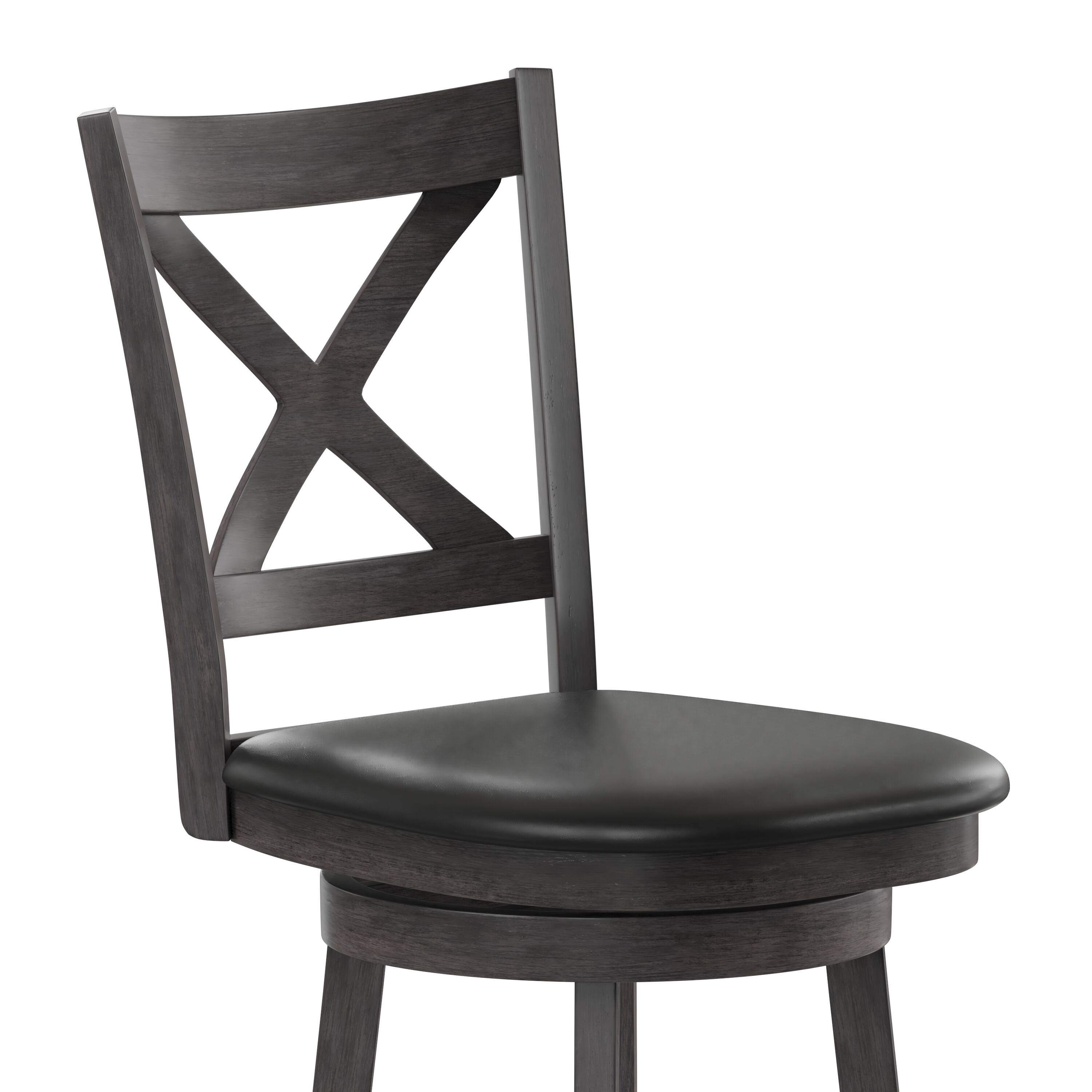 Alt View 10. Emma + Oliver - Luc Wooden Crossback Pub Style Barstool with Padded Faux Leather Swivel Seat - Black Vinyl/Gray Wash Walnut Frame.