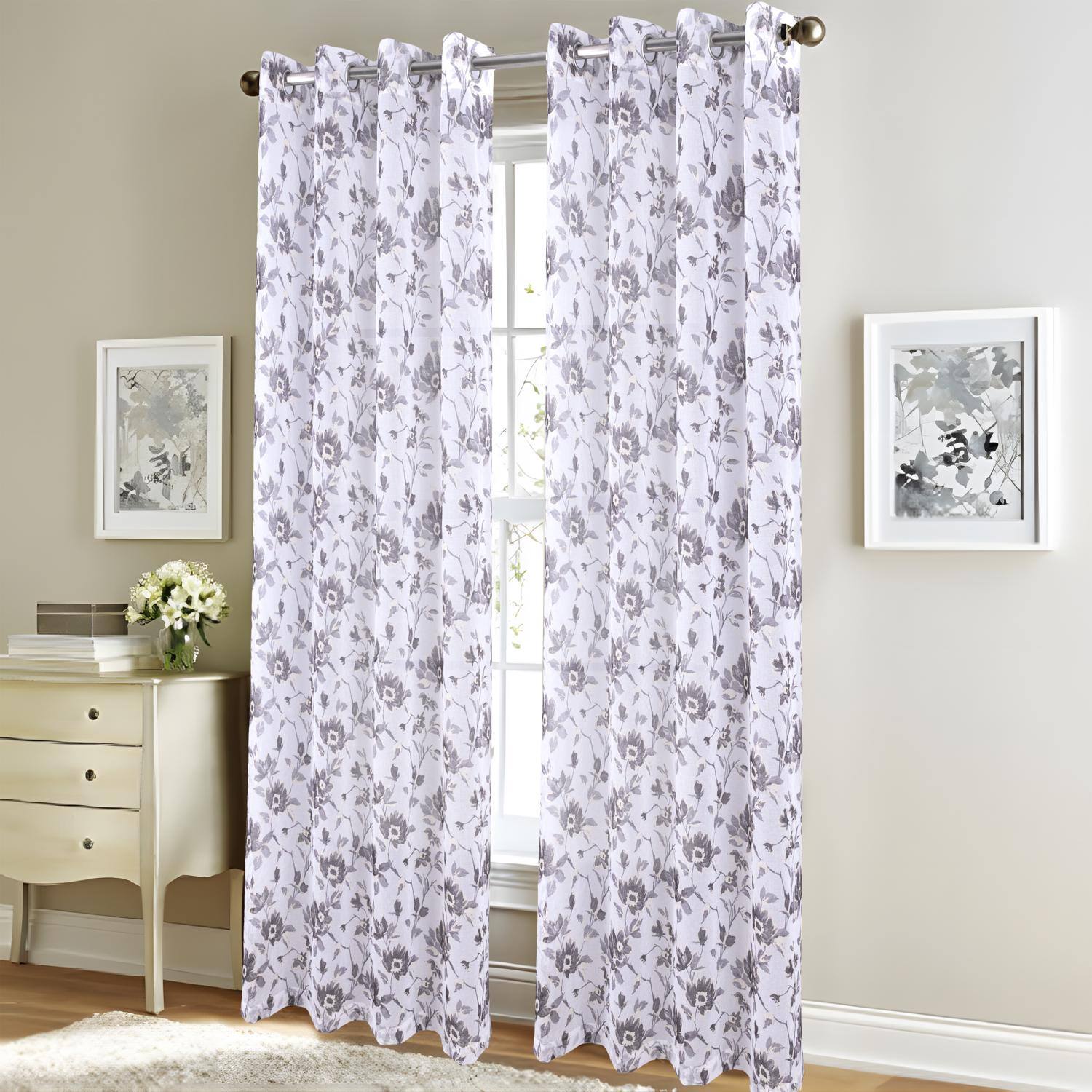 Angle. RT Designers Collection - RT Designers Collection Meadow Grommet Metallic Sheer Printed Doily Curtain Panel 54" x 95" Grey - Grey.