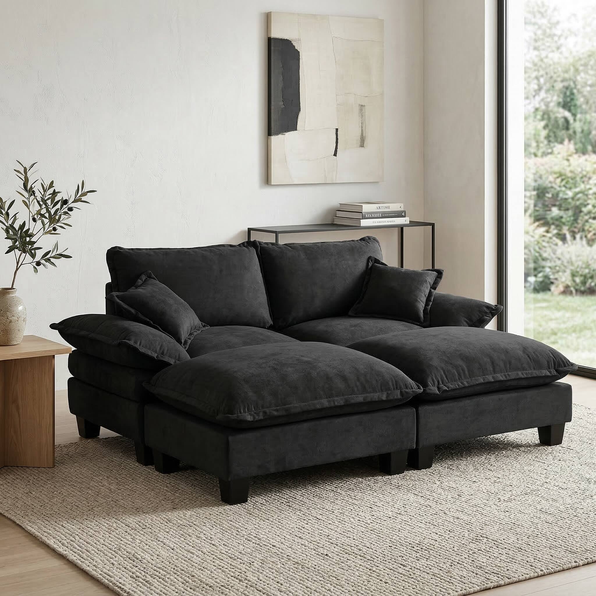 Back. Anysun - Cloud Chenille Sectional Sofa with Sailboat Design - 2 Ottomans & 2 Pillows for Apartment Living Room - Black.
