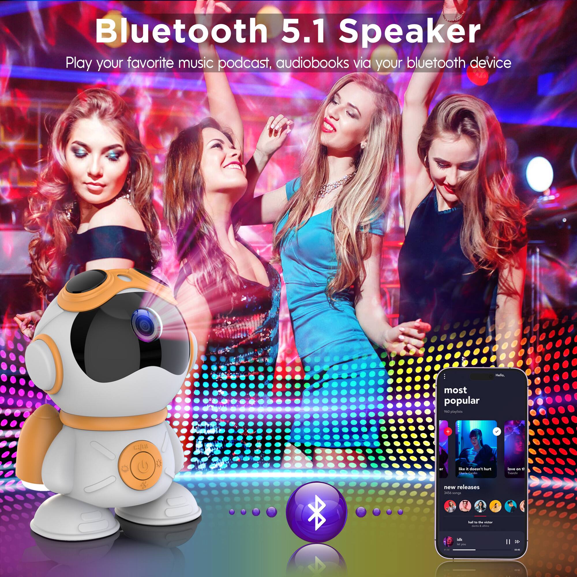 Bluetooth 5.1 Speaker  
Play your favorite music podcast, audiobooks via your bluetooth device  

most popular  
500 playlists  

new releases