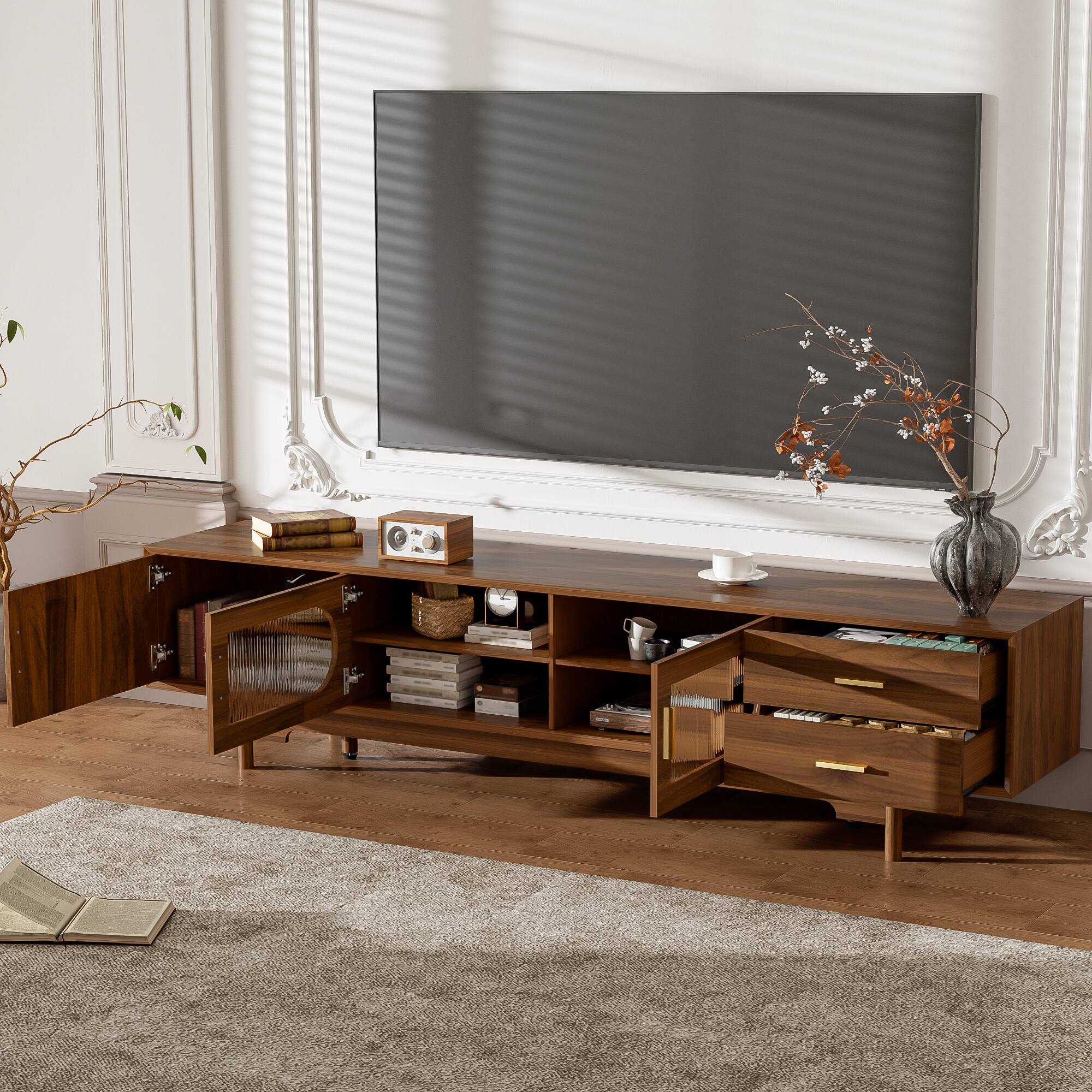 Angle. MERAVOM - TV Stand for TVs Up to 85", Modern TV Cabinet with Fluted Glass Doors & 2 Drawers, Entertainment Center for Living Room - Walnut.