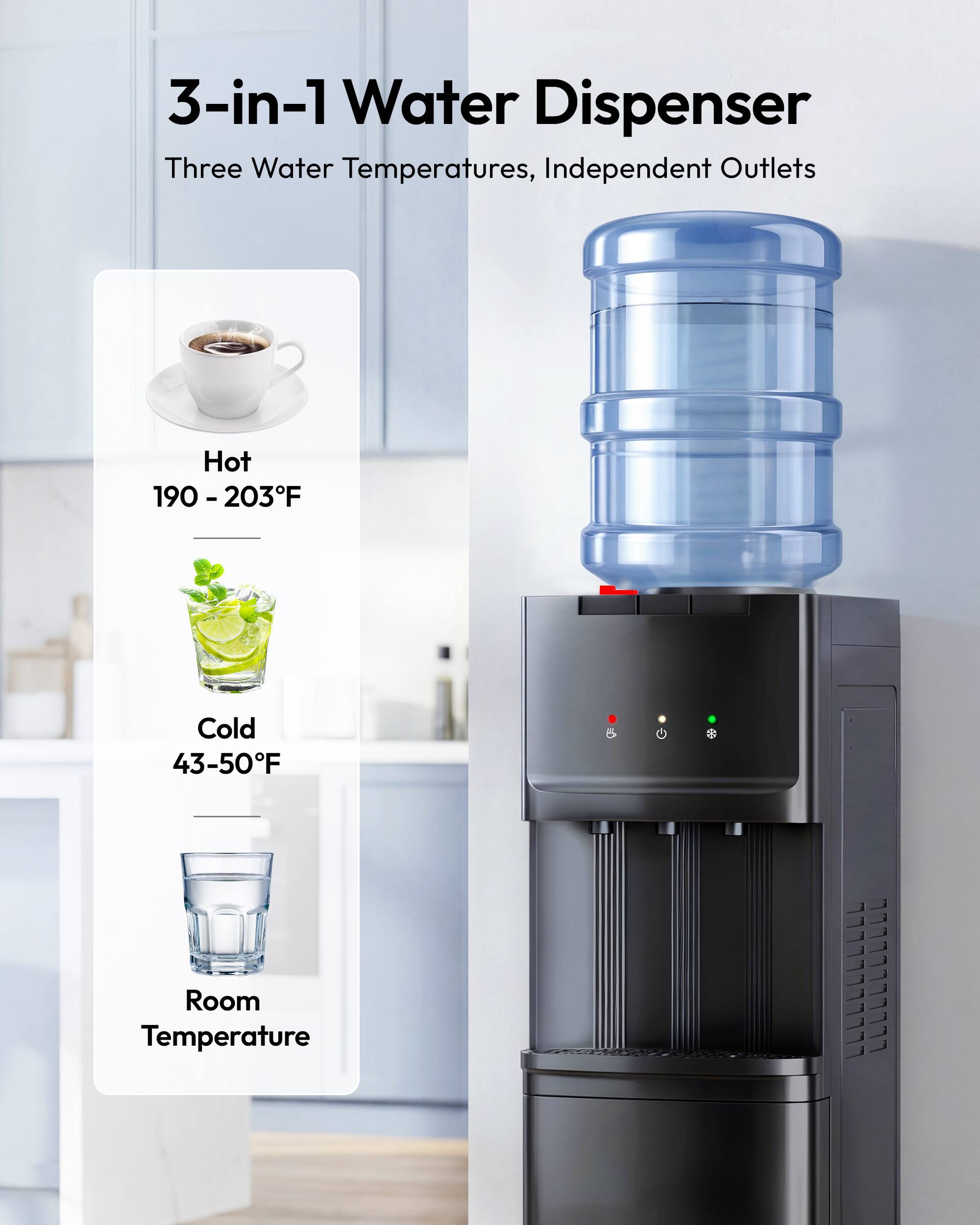 3-in-1 Water Dispenser  
Three Water Temperatures, Independent Outlets  
Hot 190 - 203°F  
Cold 43-50°F  
Room Temperature