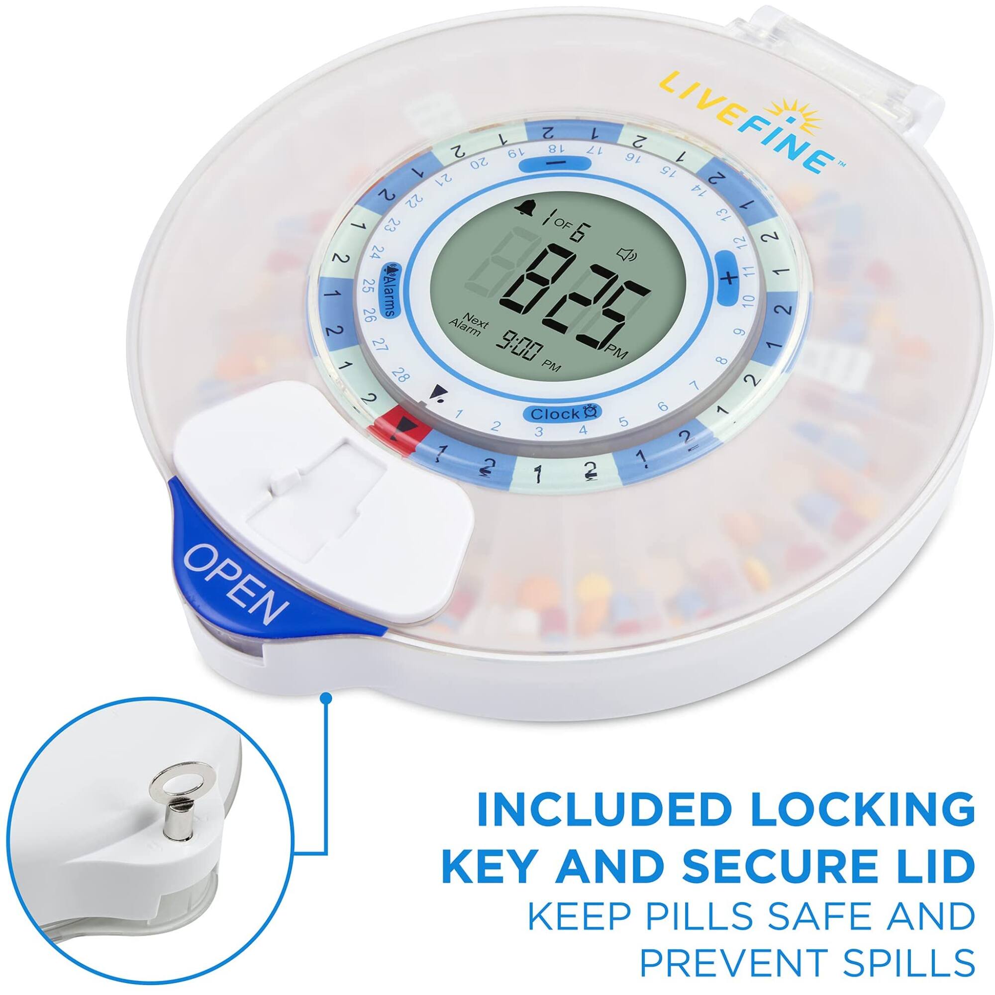 1 21 2 20 1 19 2 1 17 1 16 2 LIVEFINE 15 I 2 2 14 22 1 I 13 1 23 OF 6 12 2 2 24 m 1 25 arms 8 8825 + 10 11 1 2 26 Next 2 Alarm 9 27 9:00 PM 1 1 PM 9 28 2 7 2 V. 6 1 Clock D 1 2 5 3 4 2 1 1 2 2 1 1 OPEN INCLUDED LOCKING KEY AND SECURE LID KEEP PILLS SAFE AND PREVENT SPILLS