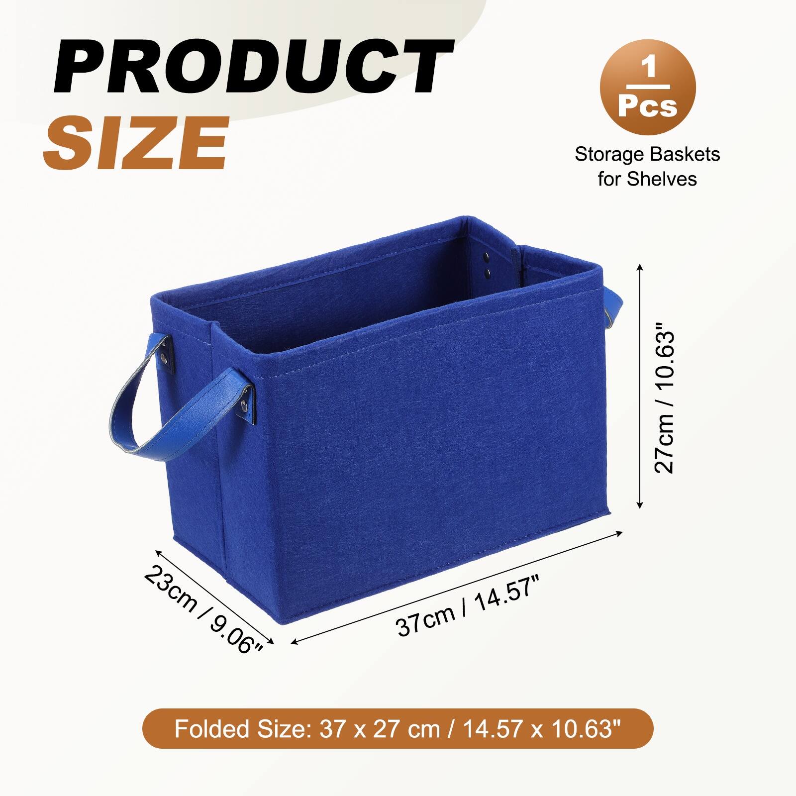PRODUCT 1 Pcs SIZE Storage Baskets for Shelves 10.63" / 27cm 23cm x 9.06" x 14.57" 37cm Folded Size: 37 x 27 cm / 14.57 x 10.63"