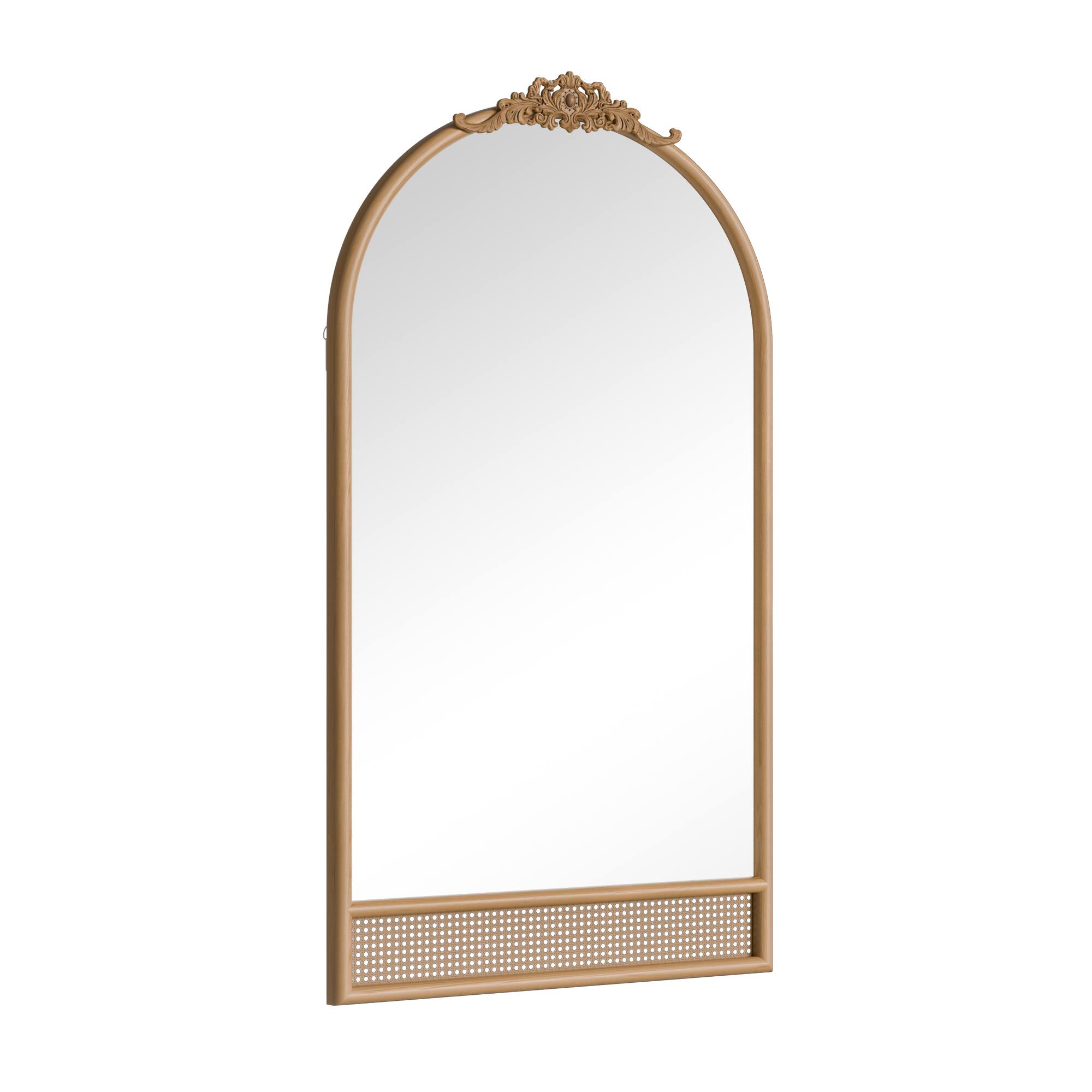 Angle. PexFix - 71"x37" Arched Full Length Mirror with Carved Top Natural Wood Frame with Rattan Accent Standing/Hanging Wall Mirror - Brown.