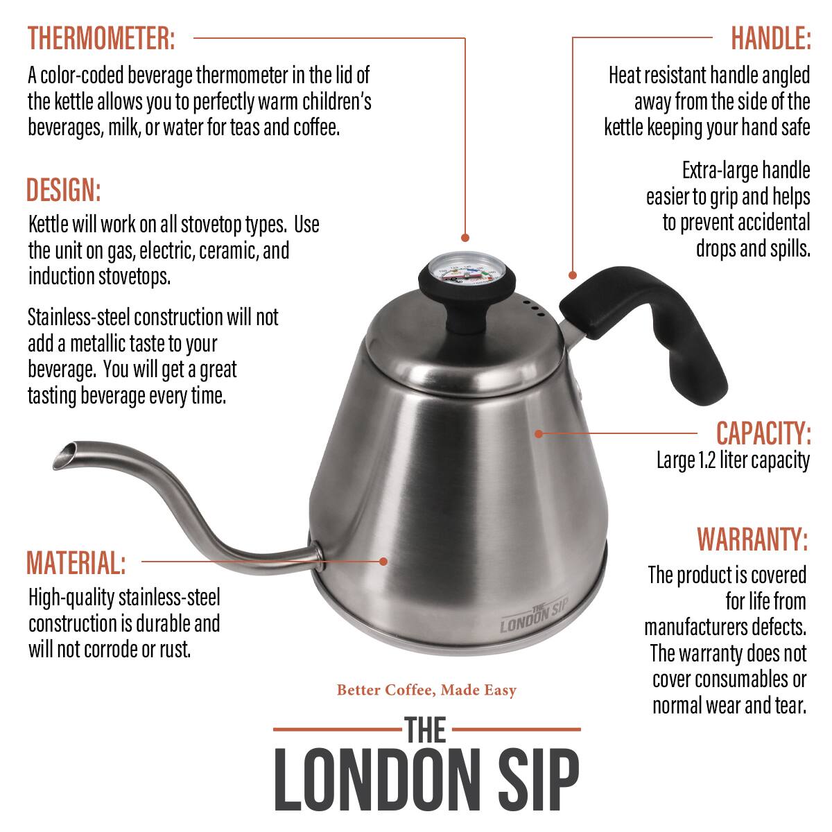 THERMOMETER: A color-coded beverage thermometer in the lid of the kettle allows you to perfectly warm children's beverages, milk, or water for teas and coffee.

DESIGN: Kettle will work on all stovetop types. Use the unit on gas, electric, ceramic, and induction stovetops. Stainless-steel construction will not add a metallic taste to your beverage. You will get a great tasting beverage every time.

HANDLE: Heat resistant handle angled away from the side of the kettle keeping your hand safe. Extra-large handle easier to grip and helps to prevent accidental drops and spills.

CAPACITY: Large 1.2 liter capacity

MATERIAL: High-quality stainless-steel construction is durable and will not corrode or rust.

THE LONDON SIP

WARRANTY: The product is covered for life from manufacturers defects. The warranty does not cover consumables or normal wear and tear.