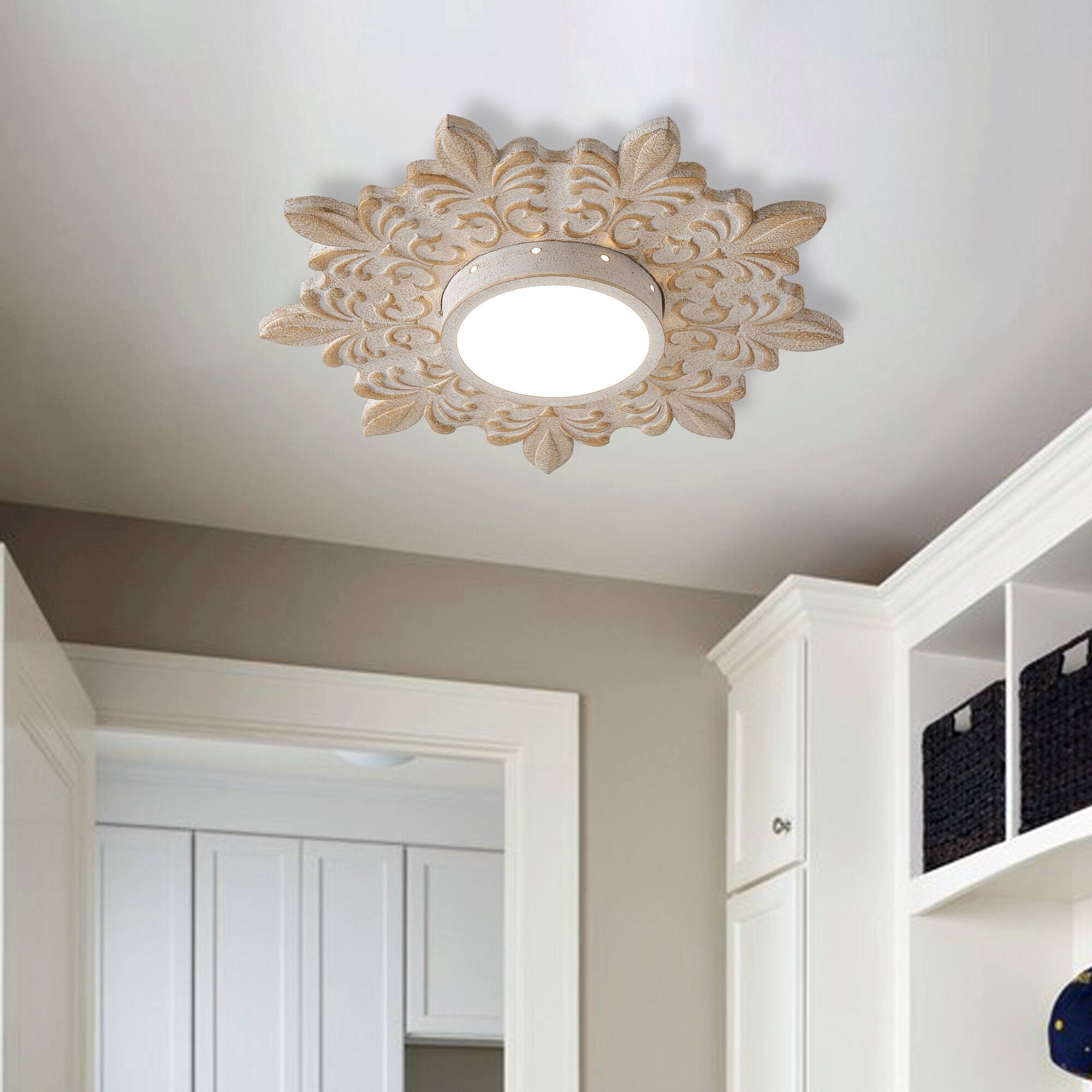 Left. Parrot Uncle - 21.6 in. Boho Distressed White Wood Dimmable Flush Mount Ceiling Light - Distressed White.