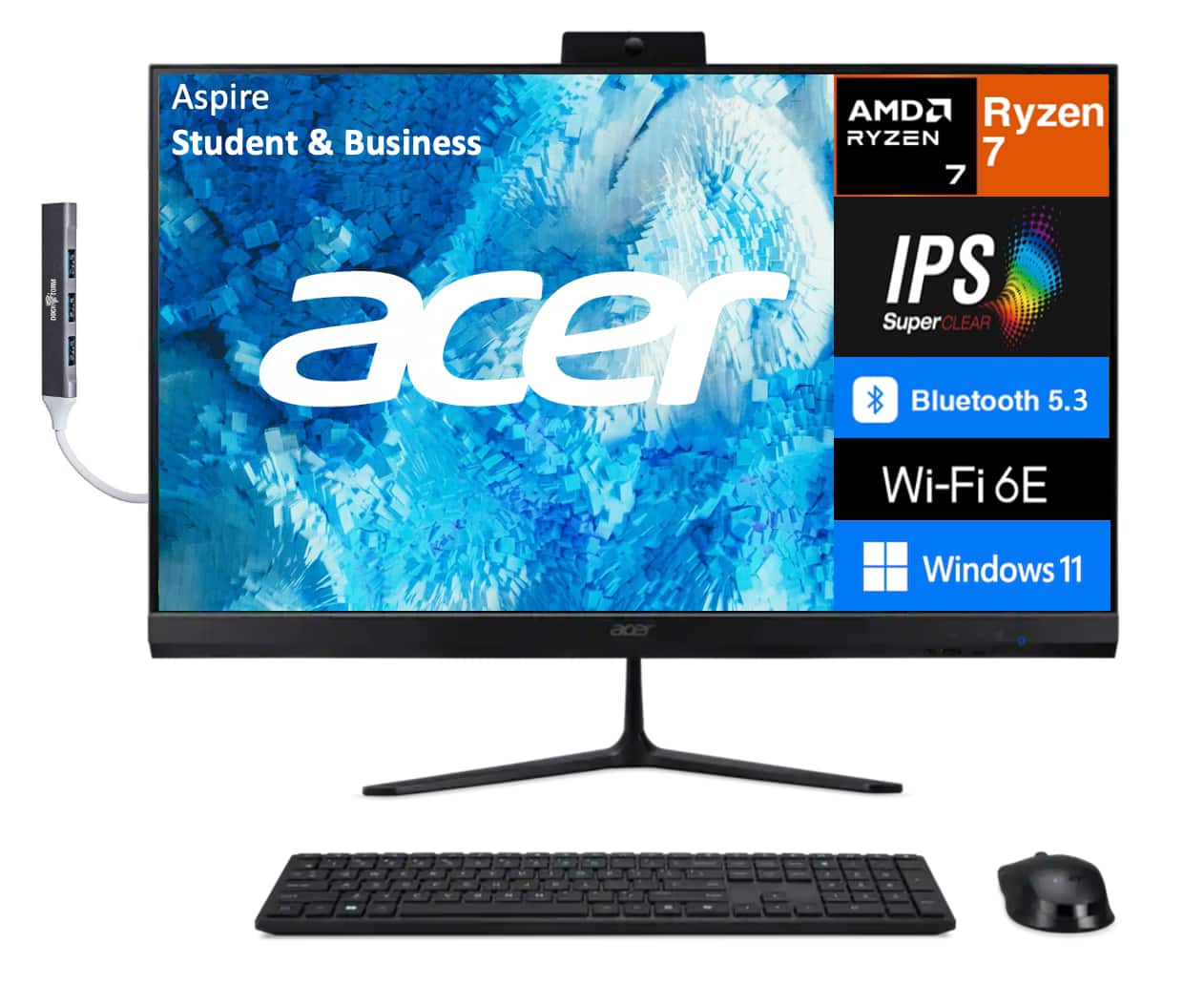 Acer - Aspire All-in-One 27 FHD (AMD Ryzen 7 5825U, 16GB DDR4, 1TB PCIe SSD, AMD Radeon, Win 11 Pro) w/USB Hub - Black
