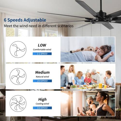 6 Speeds Adjustable  
Meet the wind need in different scenarios  

LOW  
Comfortable wind  
1-2 SPEED  

Medium  
Natural wind  
3-4 SPEED  

High  
Cooling wind  
5-6 SPEED