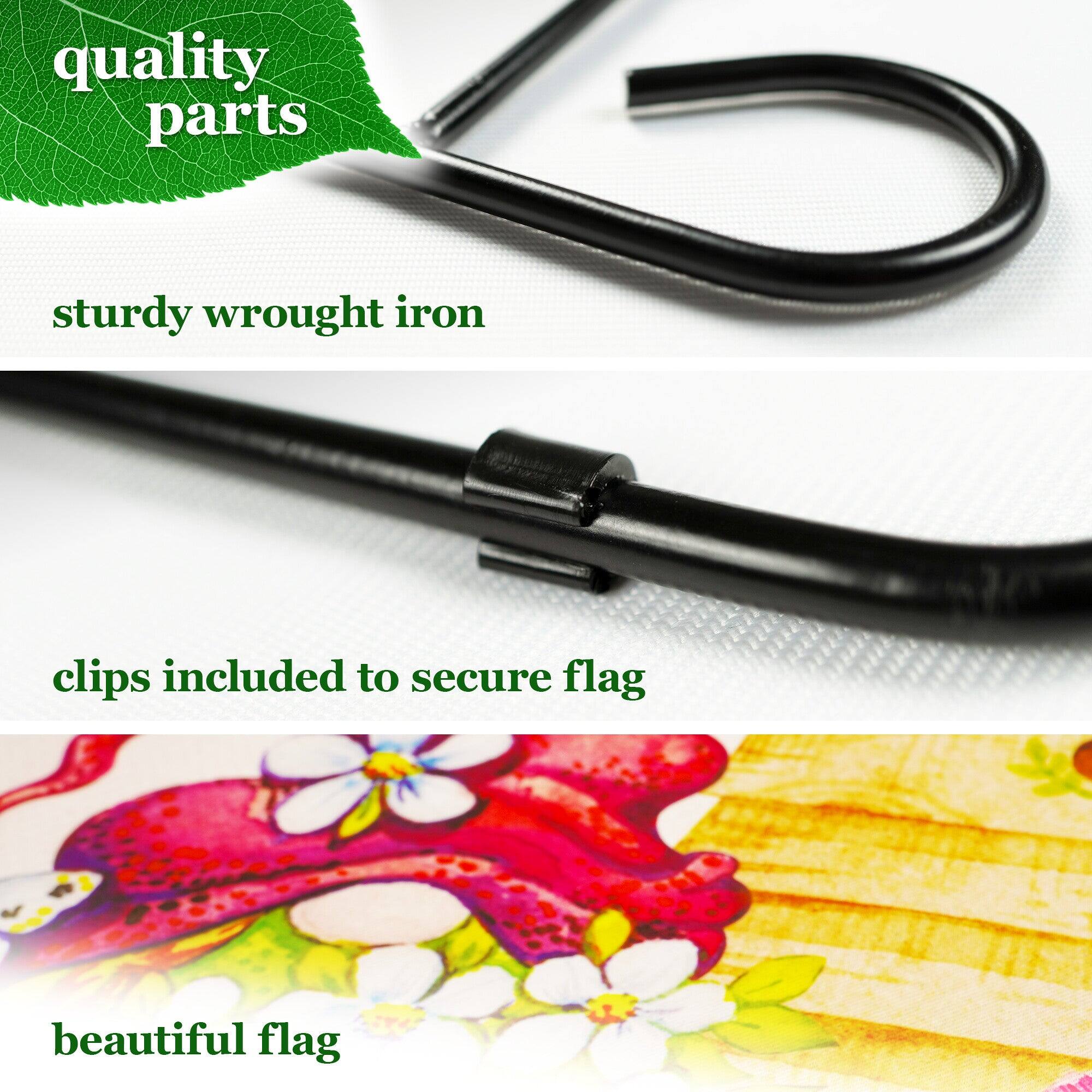 quality parts  
sturdy wrought iron  
clips included to secure flag  
beautiful flag