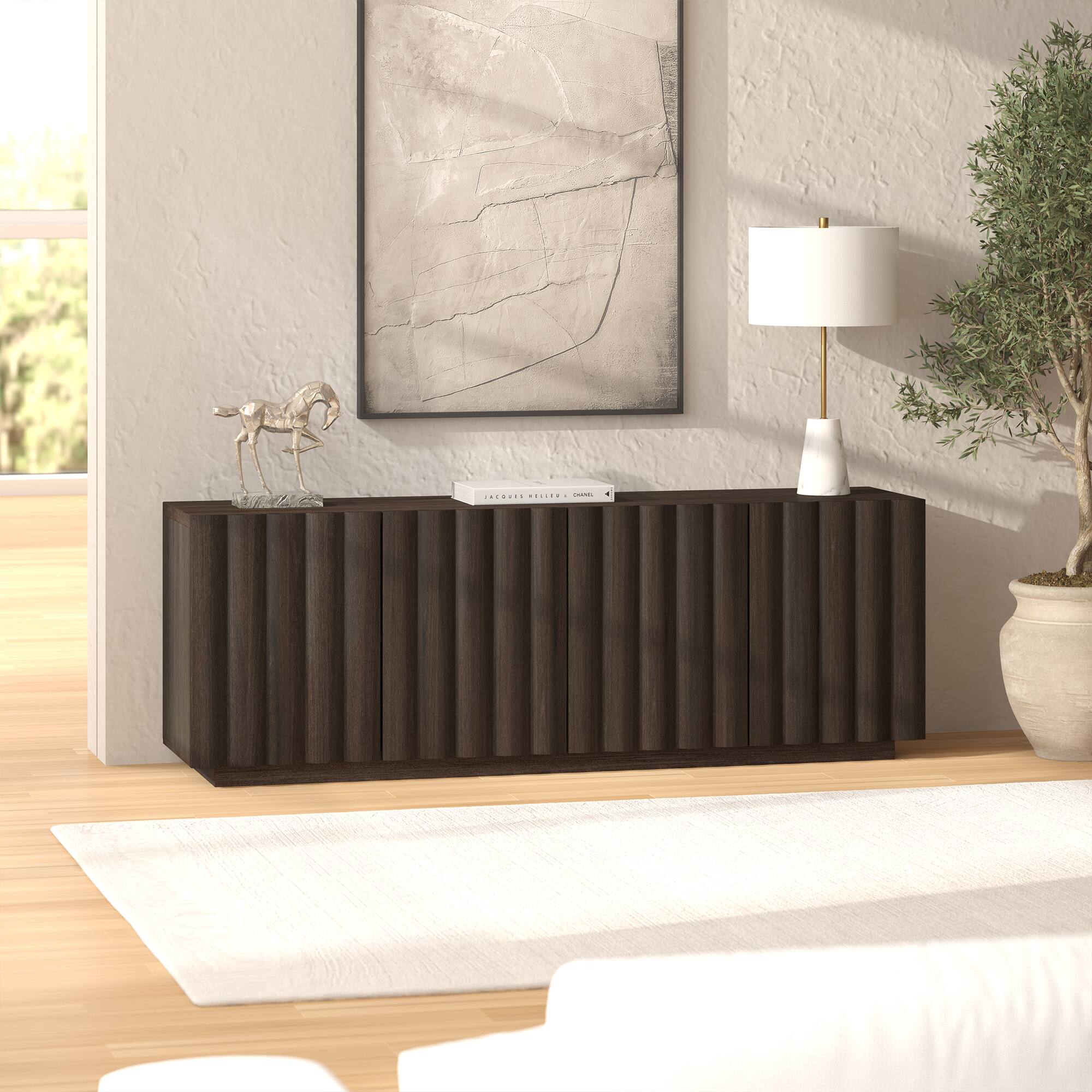 Alt View 3. Hudson&Canal - Olie Rectangular Fluted TV Stand for TV's up to 75" in Brown Oak - Brown.