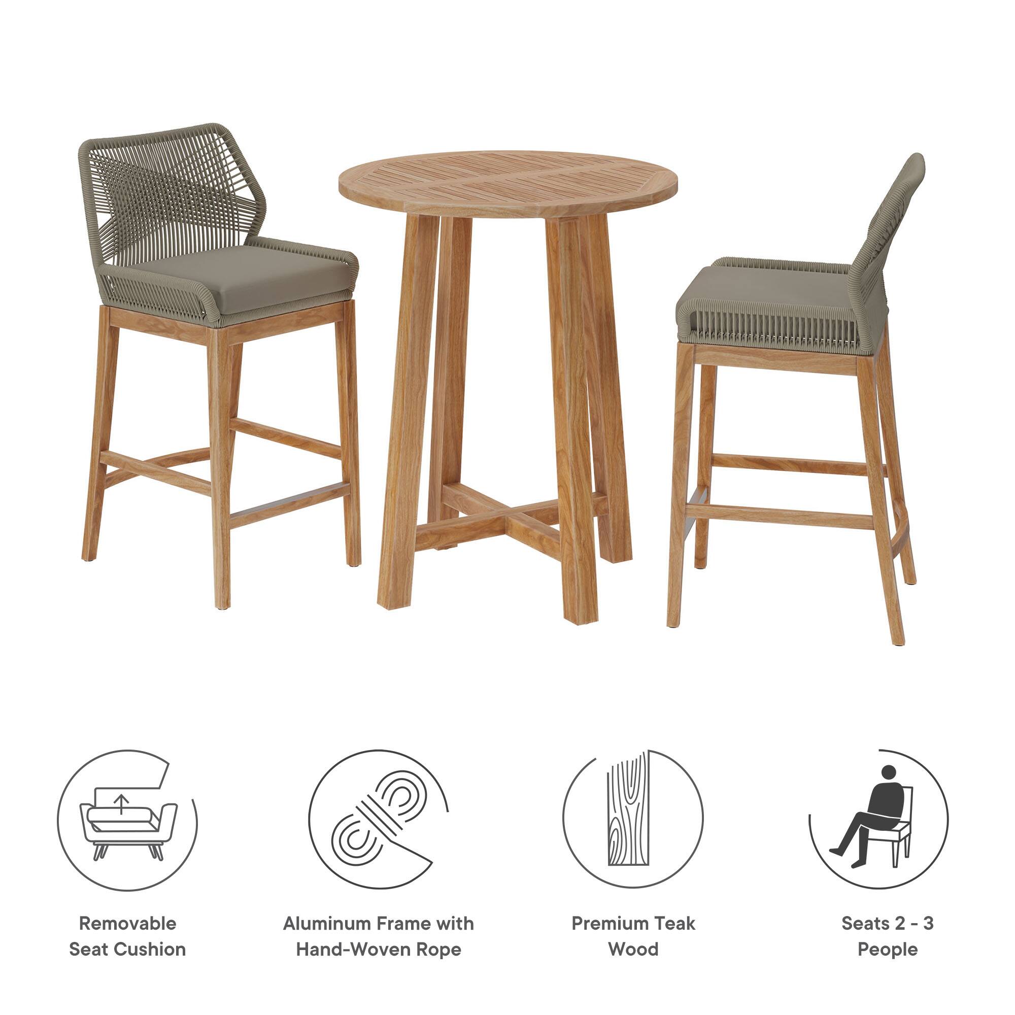 Removable Seat Cushion Aluminum Frame with Hand-Woven Rope Premium Teak Wood Seats 2-3 People