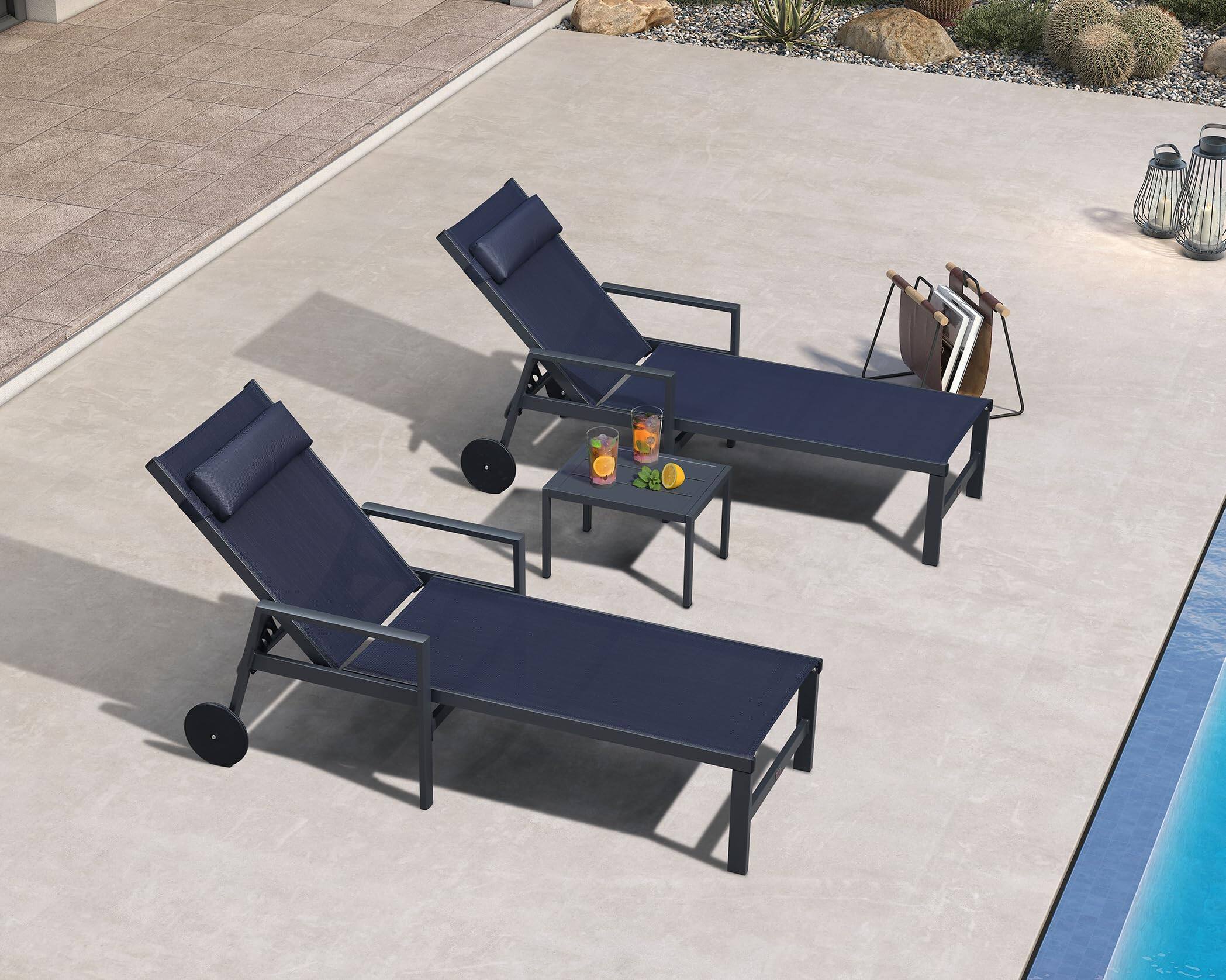 Alt View 1. PURPLE LEAF - 3-Pieces Aluminum Frame with Armrest Side Table and Wheels for Outside Sunbathing Recliner Including Pillows, Navy Blue - Navy Blue.
