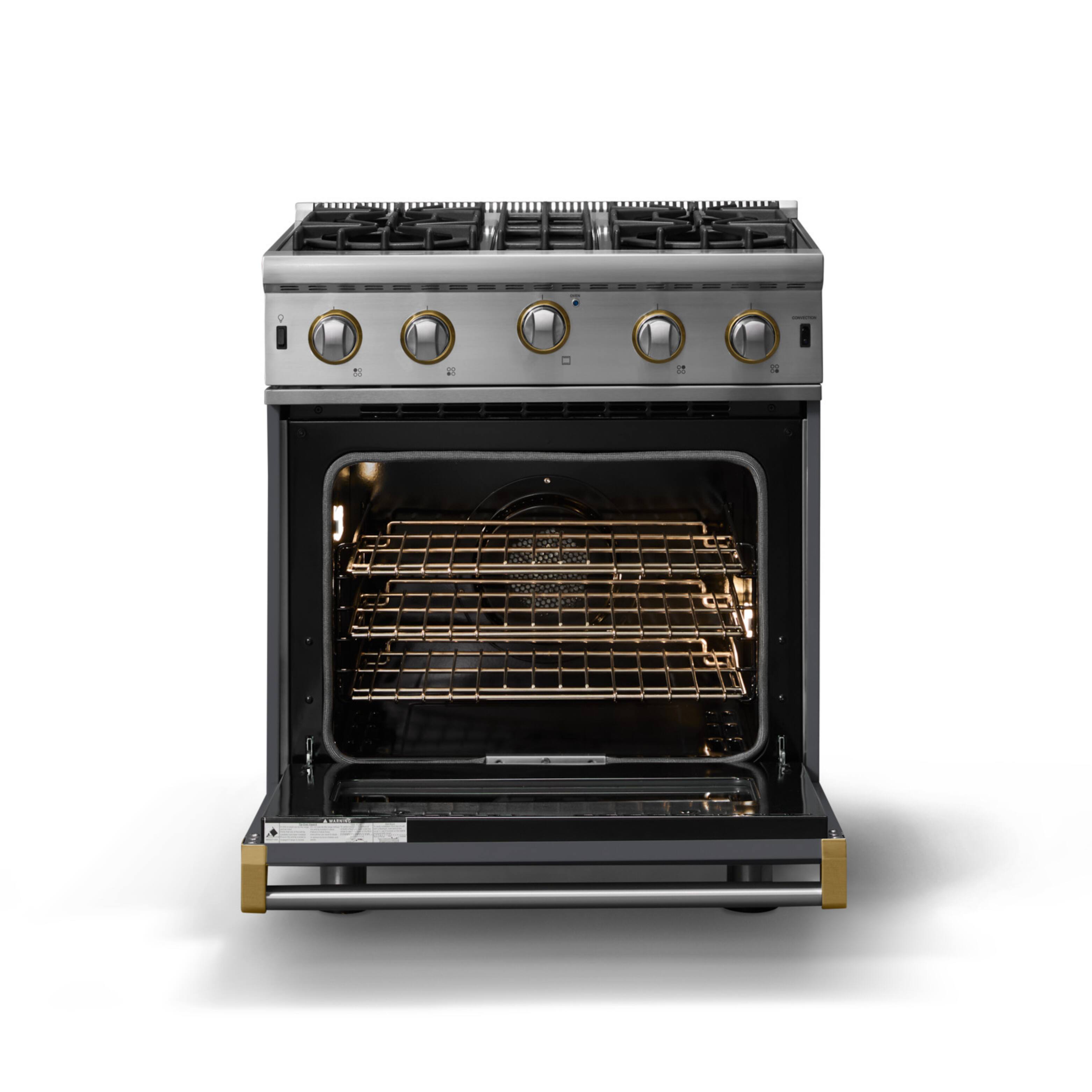 Alt View 2. Viking - 30"W. 4.0 Cu. Ft. Freestanding Self-Clean Open Burner Gas Convection Range - Cast Black w. Brushed Brass Trim - Cast Black.
