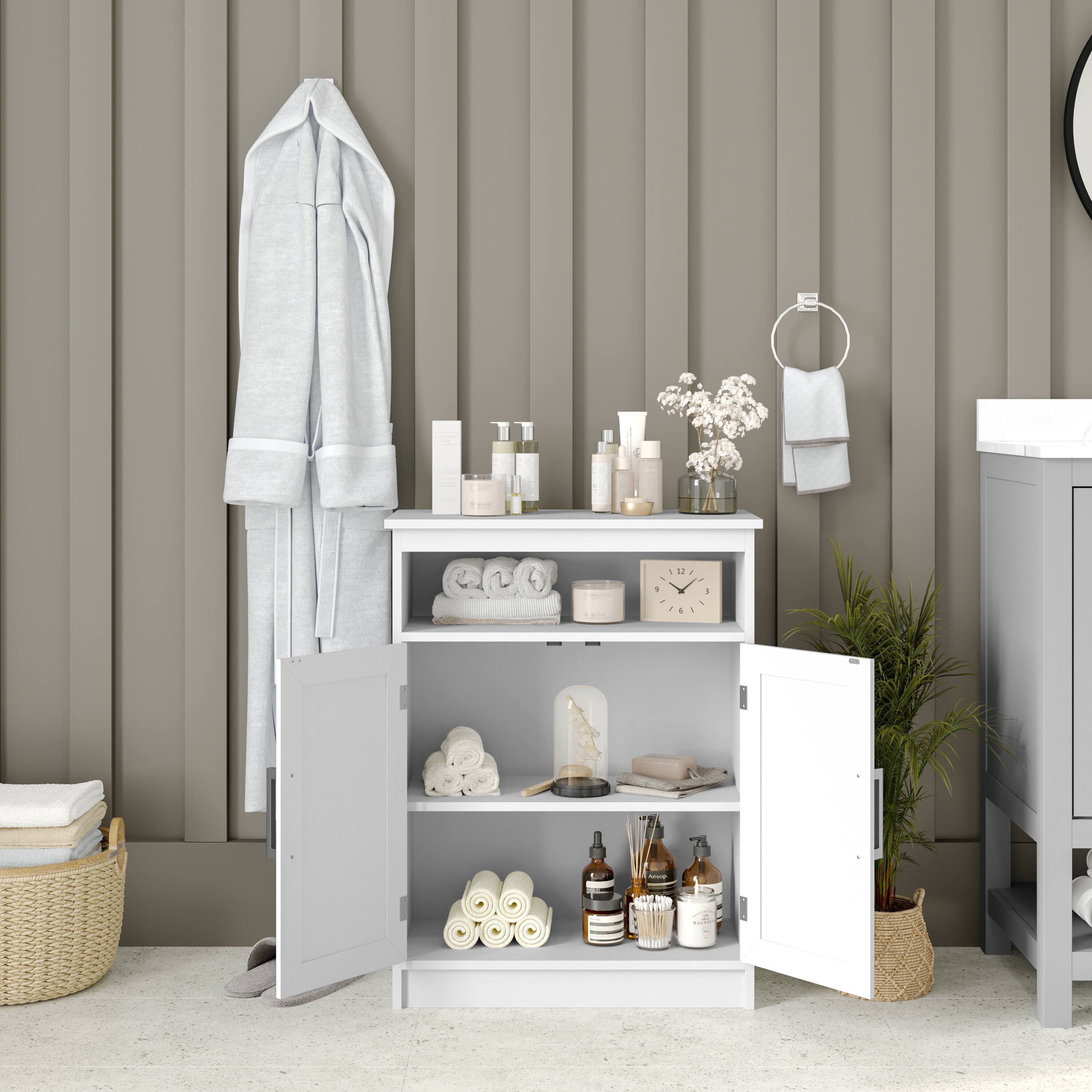 Alt View 3. Emma + Oliver - Vesta Bathroom Storage Cabinet Organizer with Adjustable In-Cabinet Shelf, Magnetic Closure Doors, and Upper Open Shelf - White.